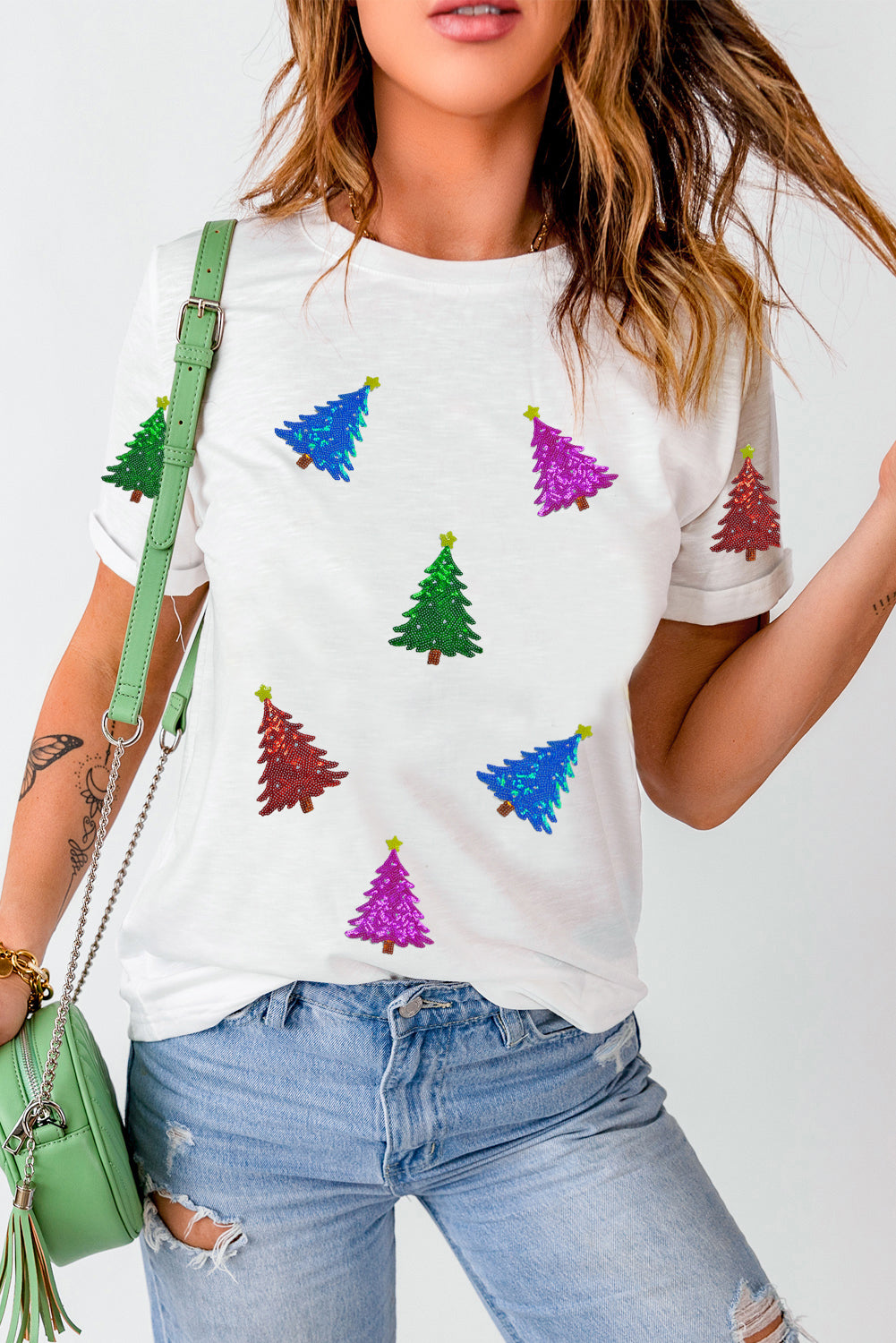 White Glitter Christmas Tree Pattern Cuffed Sleeve Christmas T Shirt-Graphic/Graphic Tees-[Adult]-[Female]-2022 Online Blue Zone Planet