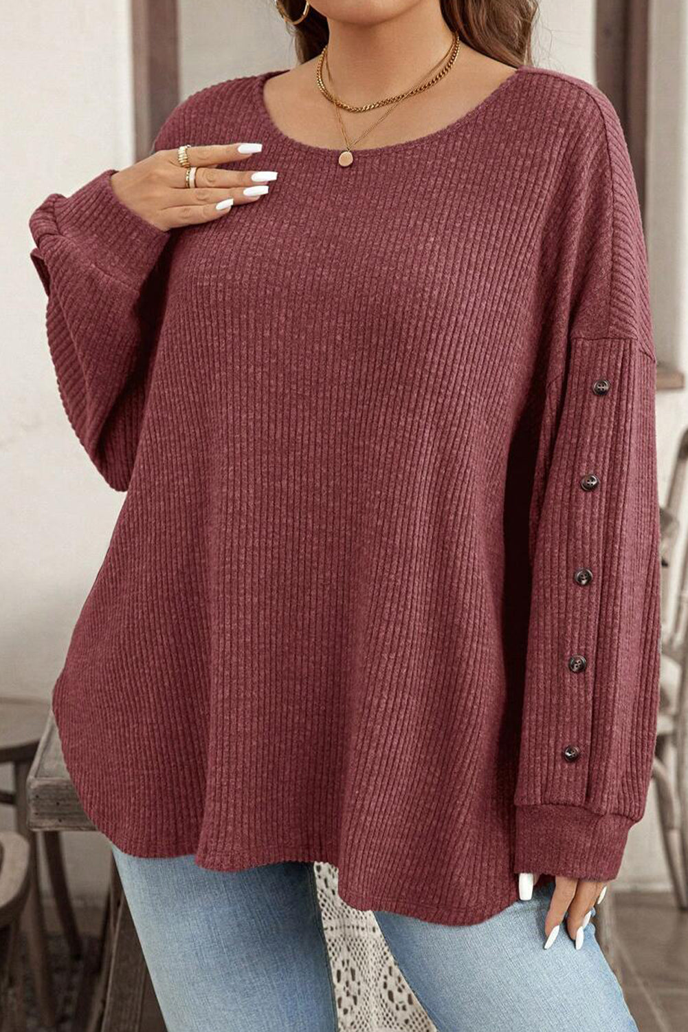 Wild Ginger Plus Size Ribbed Button Decor Long Sleeve Loose Top-Plus Size/Plus Size Tops/Plus Size Long Sleeve Tops-[Adult]-[Female]-Wild Ginger-1X-2022 Online Blue Zone Planet