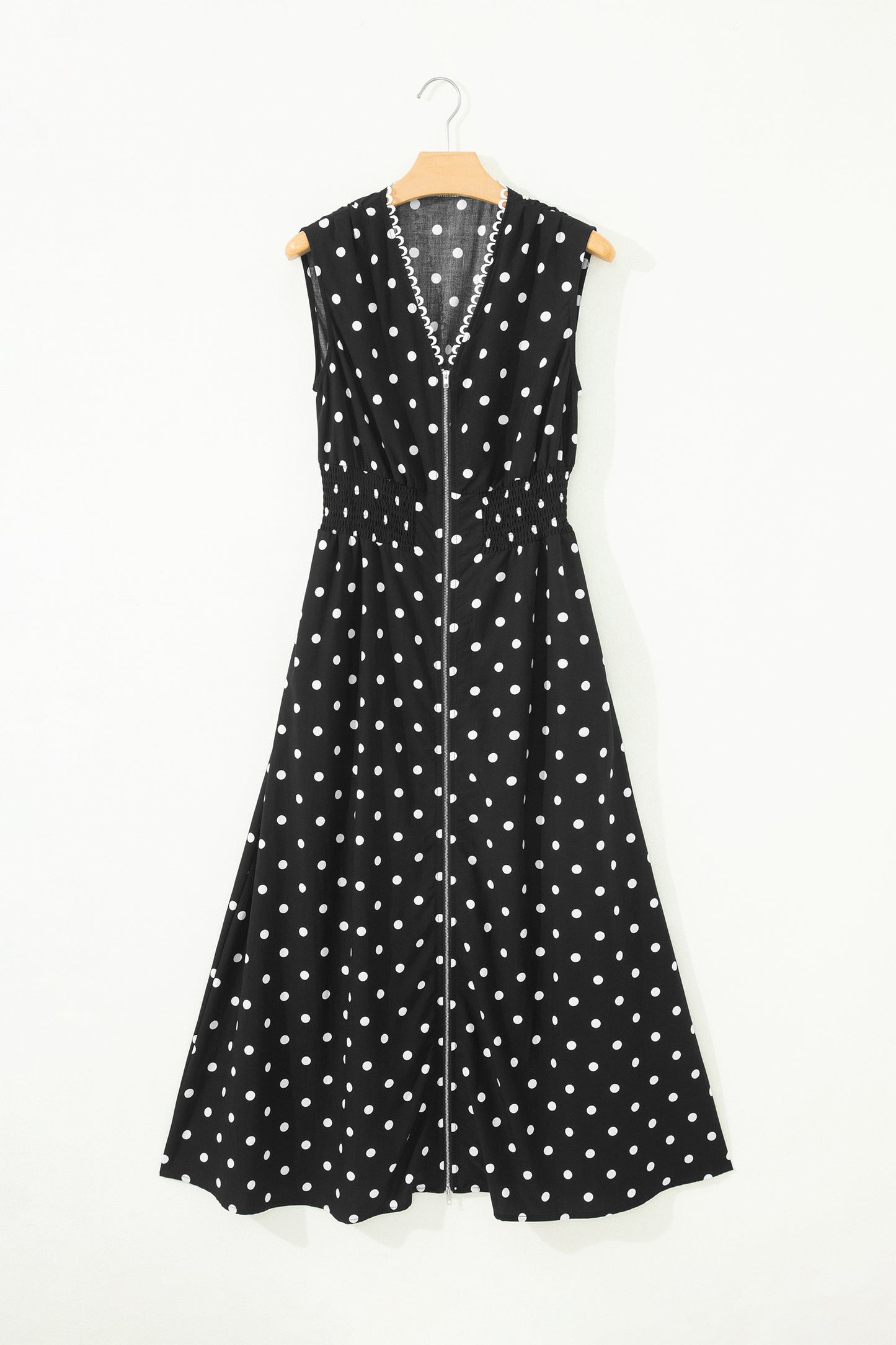 Black Polka Dot Print Contrast Trim V Neck Zip Up Sleeveless Dress-TOPS / DRESSES-[Adult]-[Female]-2022 Online Blue Zone Planet