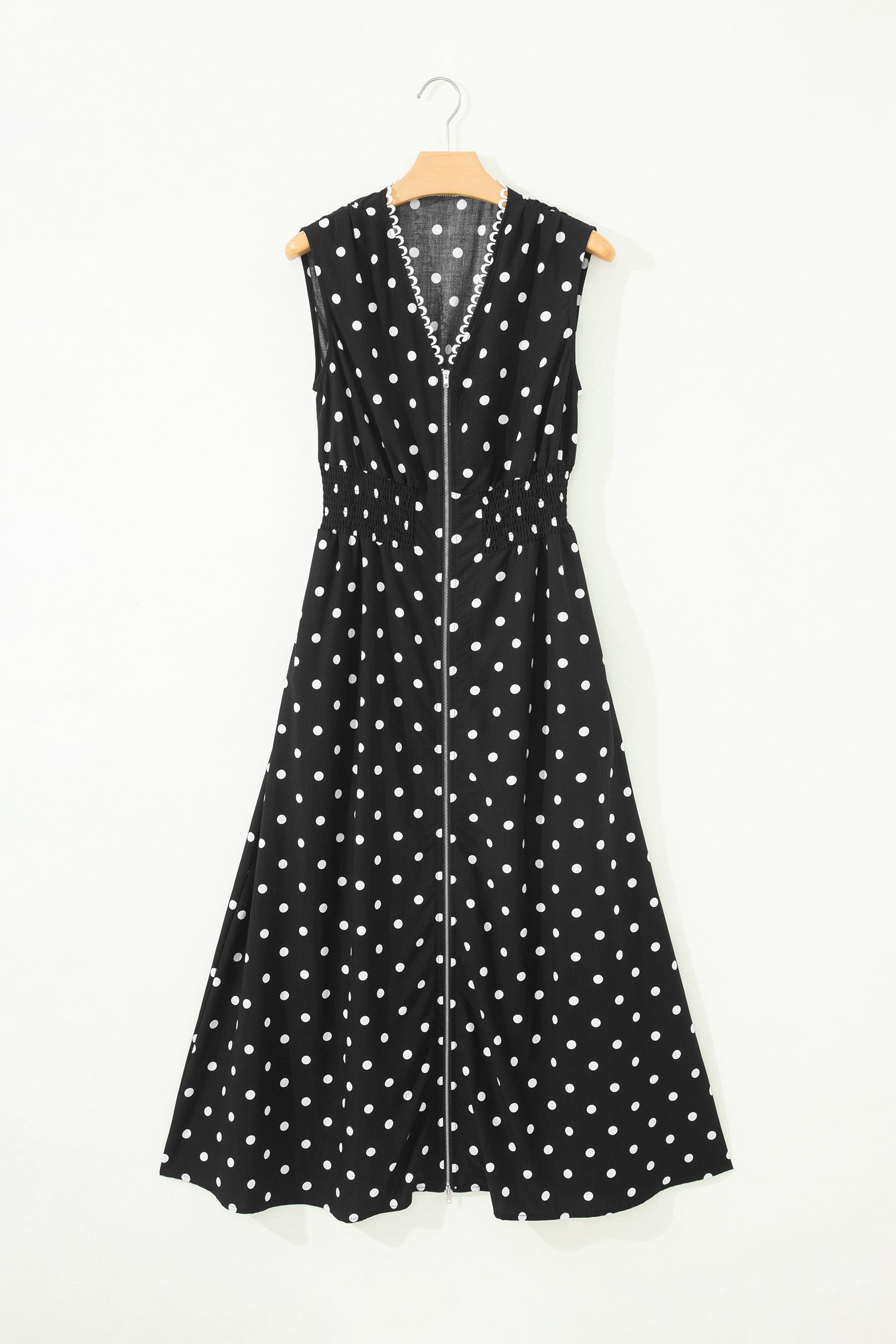 Black Polka Dot Print Contrast Trim V Neck Zip Up Sleeveless Dress-TOPS / DRESSES-[Adult]-[Female]-2022 Online Blue Zone Planet