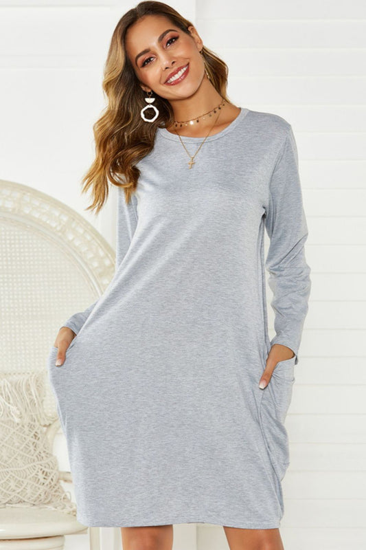 Pocketed Round Neck Long Sleeve Dress-TOPS / DRESSES-[Adult]-[Female]-Light Gray-S-2022 Online Blue Zone Planet