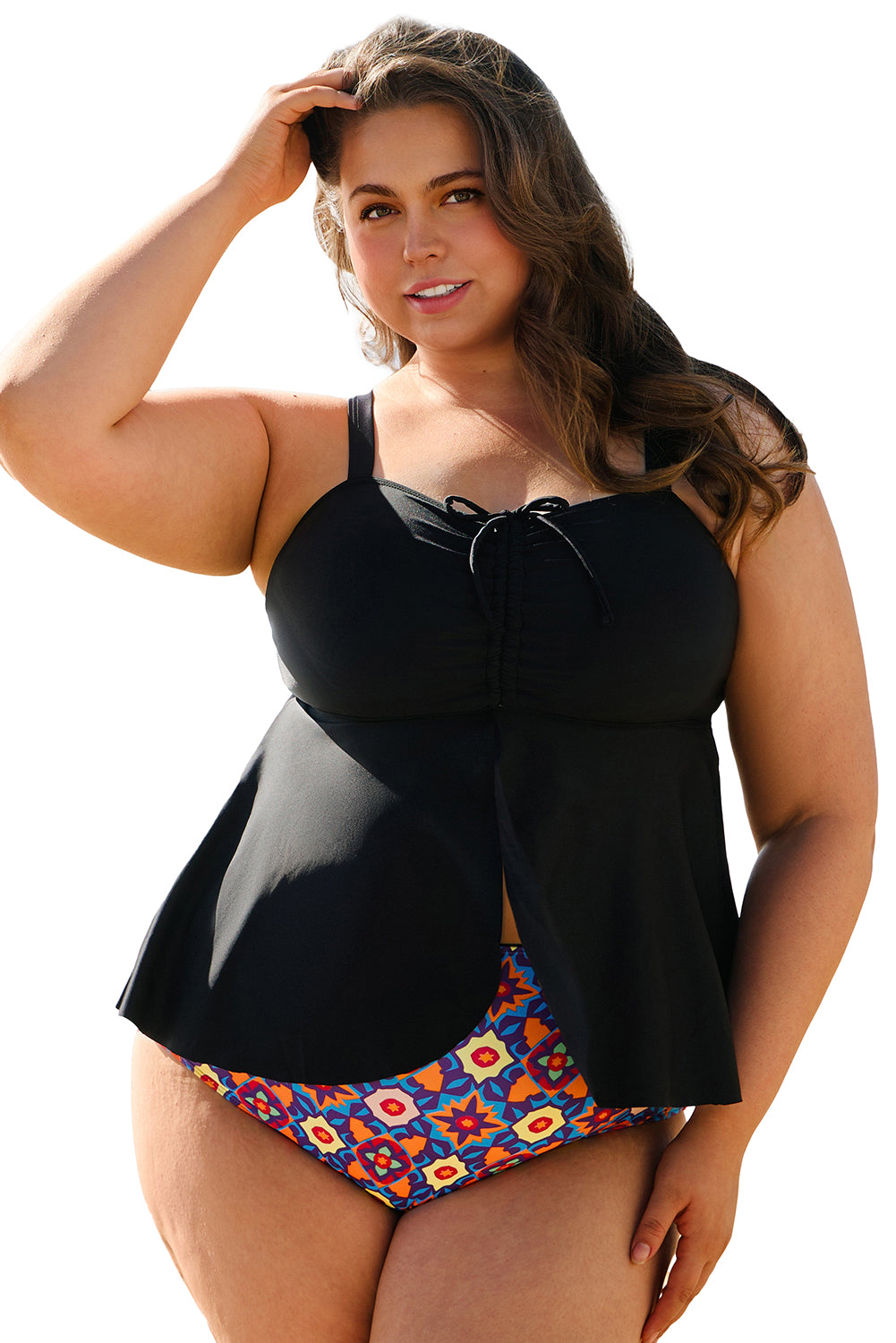 Blue Zone Planet | Black Drawstring Tied Front Flared Top Geometric Print Bottom Plus Size Tankinis-Plus Size/Plus Size Swimwear-[Adult]-[Female]-2022 Online Blue Zone Planet