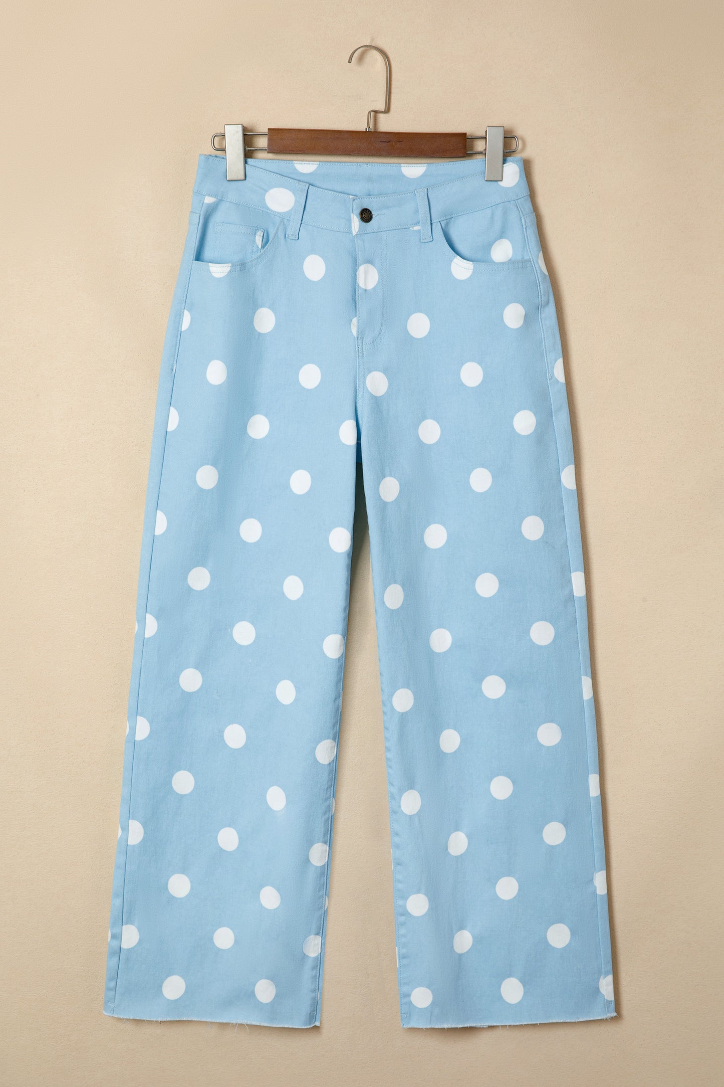 Sky Blue Polka Dot Print Raw Hem Shift Jeans-Bottoms/Jeans-[Adult]-[Female]-2022 Online Blue Zone Planet