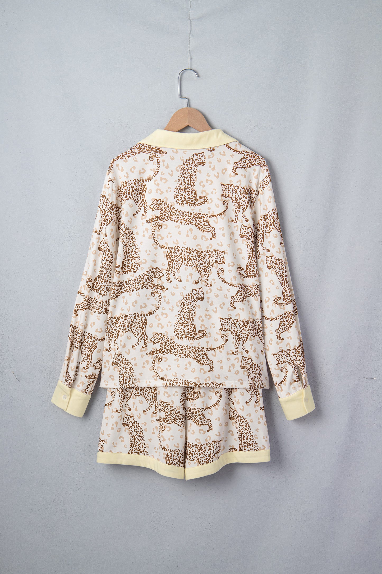 Yellow Leopard Print Colorblock Pocket Placket Long Sleeve Lounge Set-Loungewear & Sleepwear/Loungewear-[Adult]-[Female]-2022 Online Blue Zone Planet