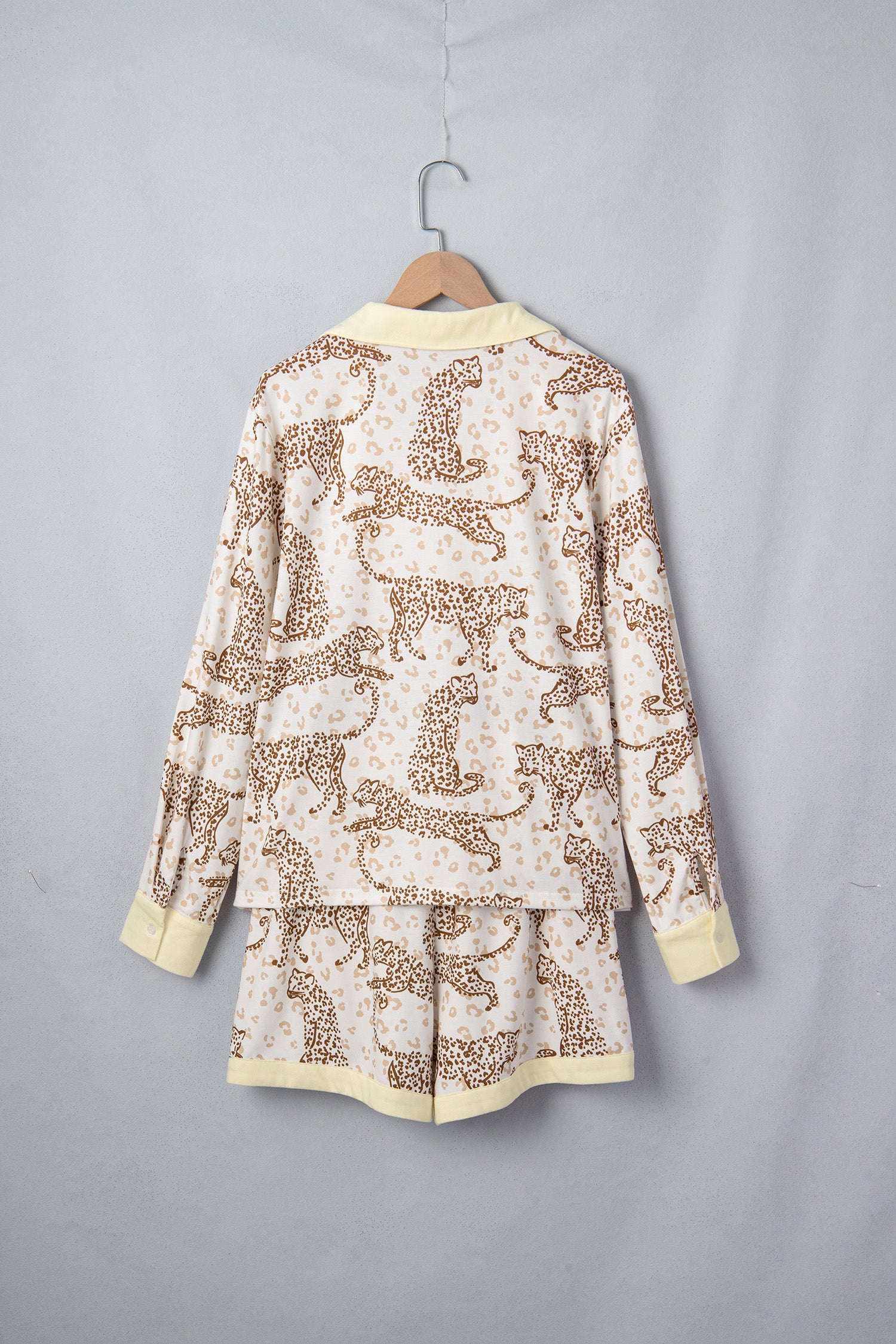 Yellow Leopard Print Colorblock Pocket Placket Long Sleeve Lounge Set-Loungewear & Sleepwear/Loungewear-[Adult]-[Female]-2022 Online Blue Zone Planet