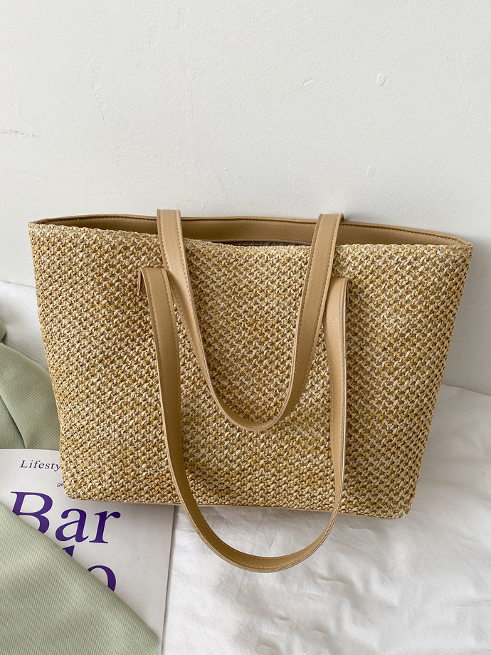 Solid Color Woven Tote Bag-HANDBAGS-[Adult]-[Female]-Khaki-One Size-2022 Online Blue Zone Planet