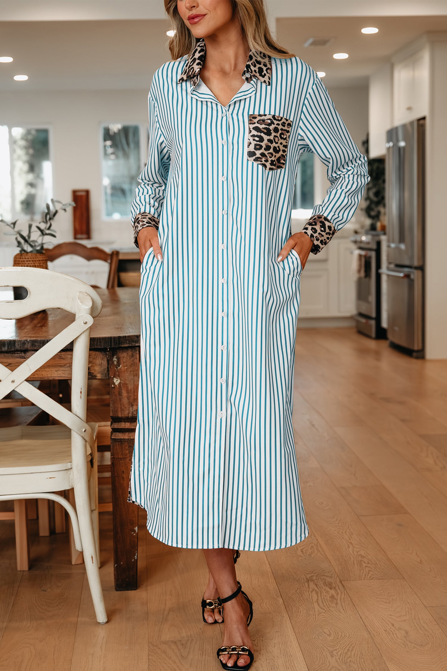 Sky Blue Stripe Contrast Leopard Patchwork Long Shirt Dress with Slits-TOPS / DRESSES-[Adult]-[Female]-2022 Online Blue Zone Planet