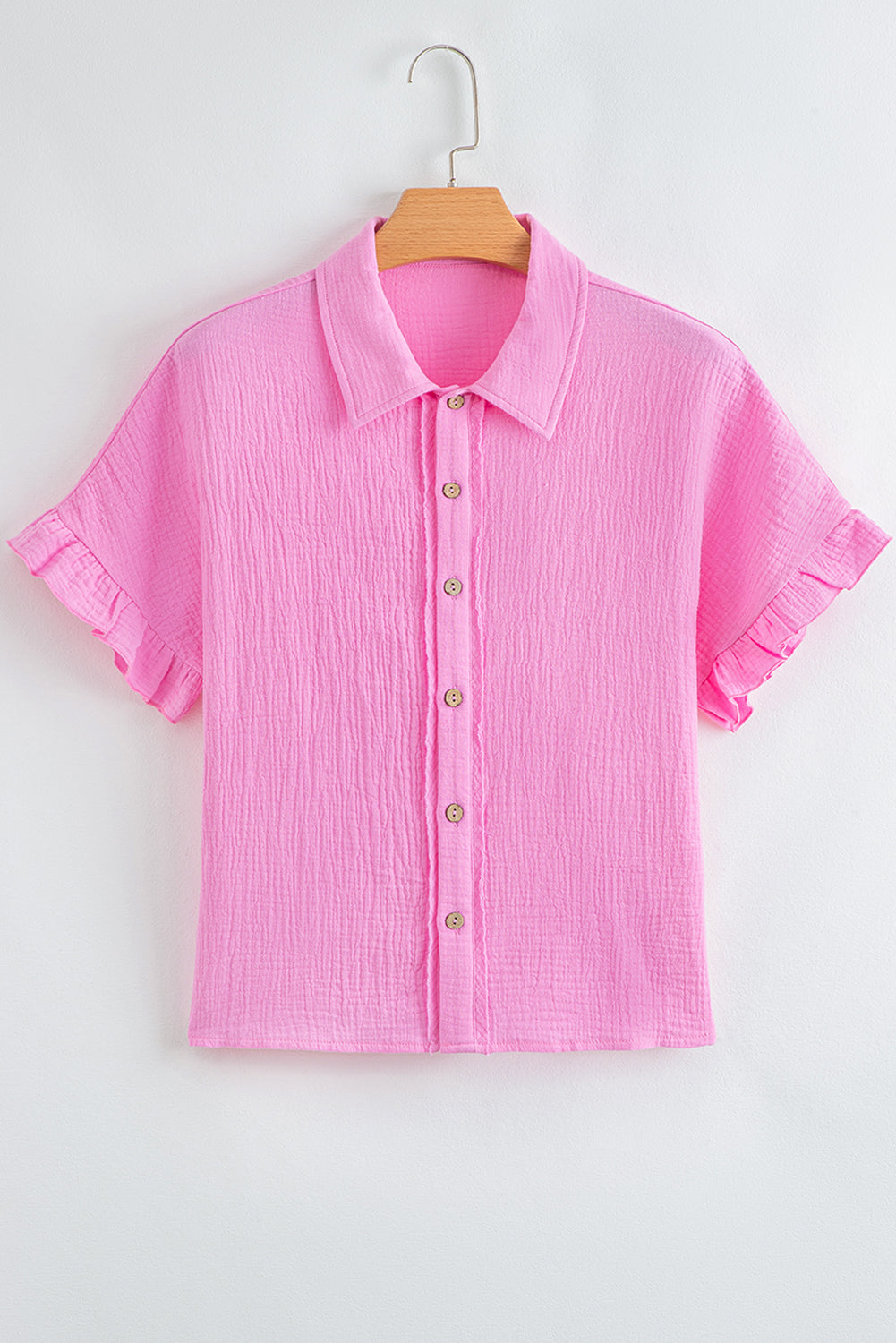 Bonbon Mineral Wash Textured Ruffle Trim Short Sleeve Shirt-Tops/Blouses & Shirts-[Adult]-[Female]-2022 Online Blue Zone Planet
