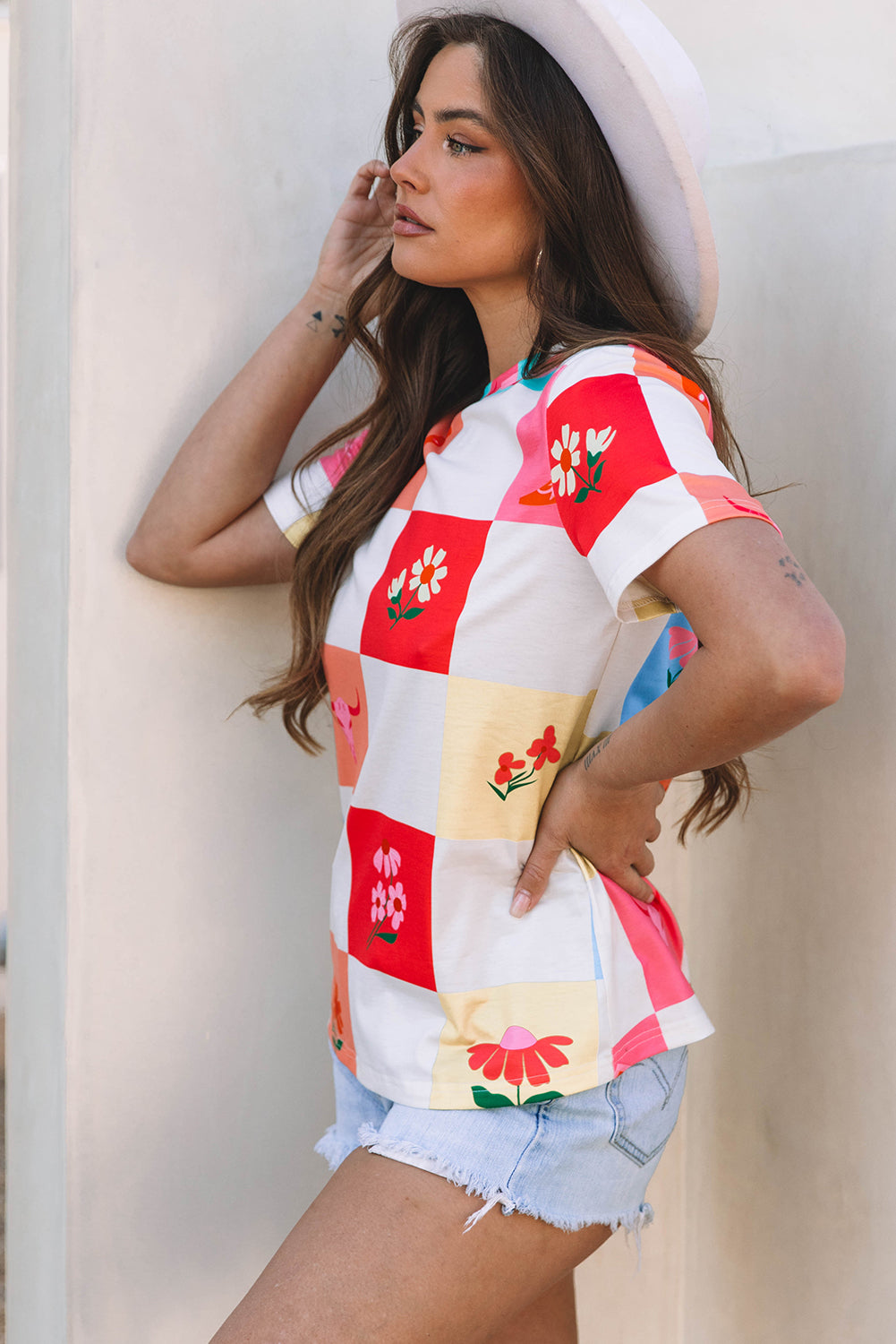 Orange Western Fashion Checker Print Crewneck T Shirt-Tops/Tops & Tees-[Adult]-[Female]-2022 Online Blue Zone Planet