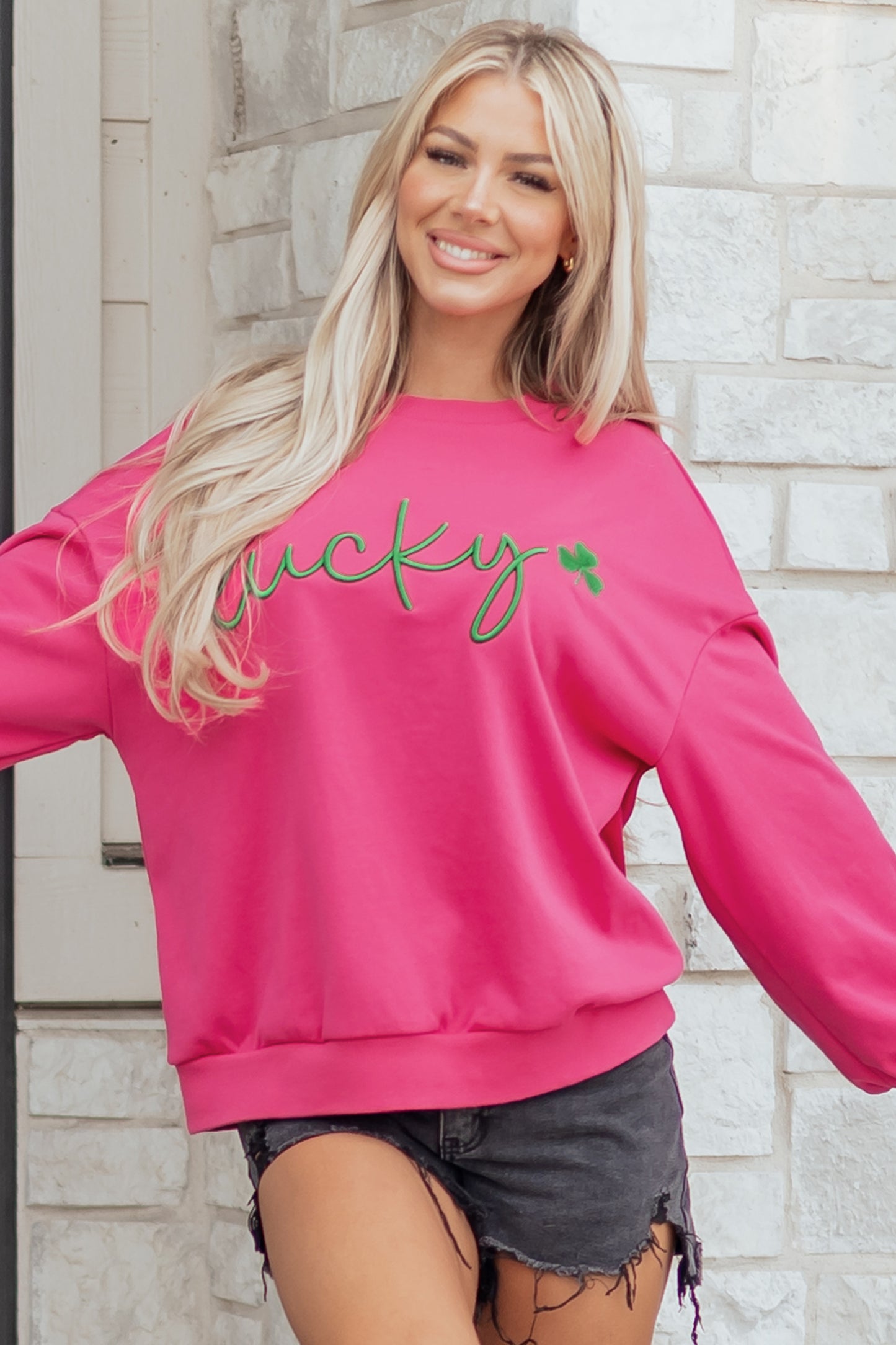 Rose Red Lucky Clover Embroidered Loose Pullover Sweatshirt-Tops/Sweatshirts & Hoodies-[Adult]-[Female]-2022 Online Blue Zone Planet