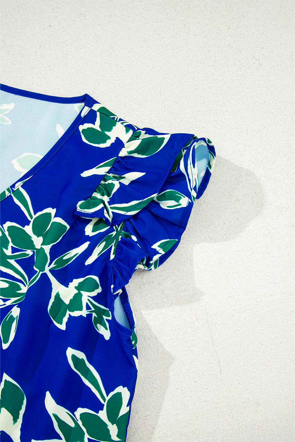Blue V Neck Floral Print Double Ruffled Short Sleeve Blouse-Tops/Blouses & Shirts-[Adult]-[Female]-2022 Online Blue Zone Planet