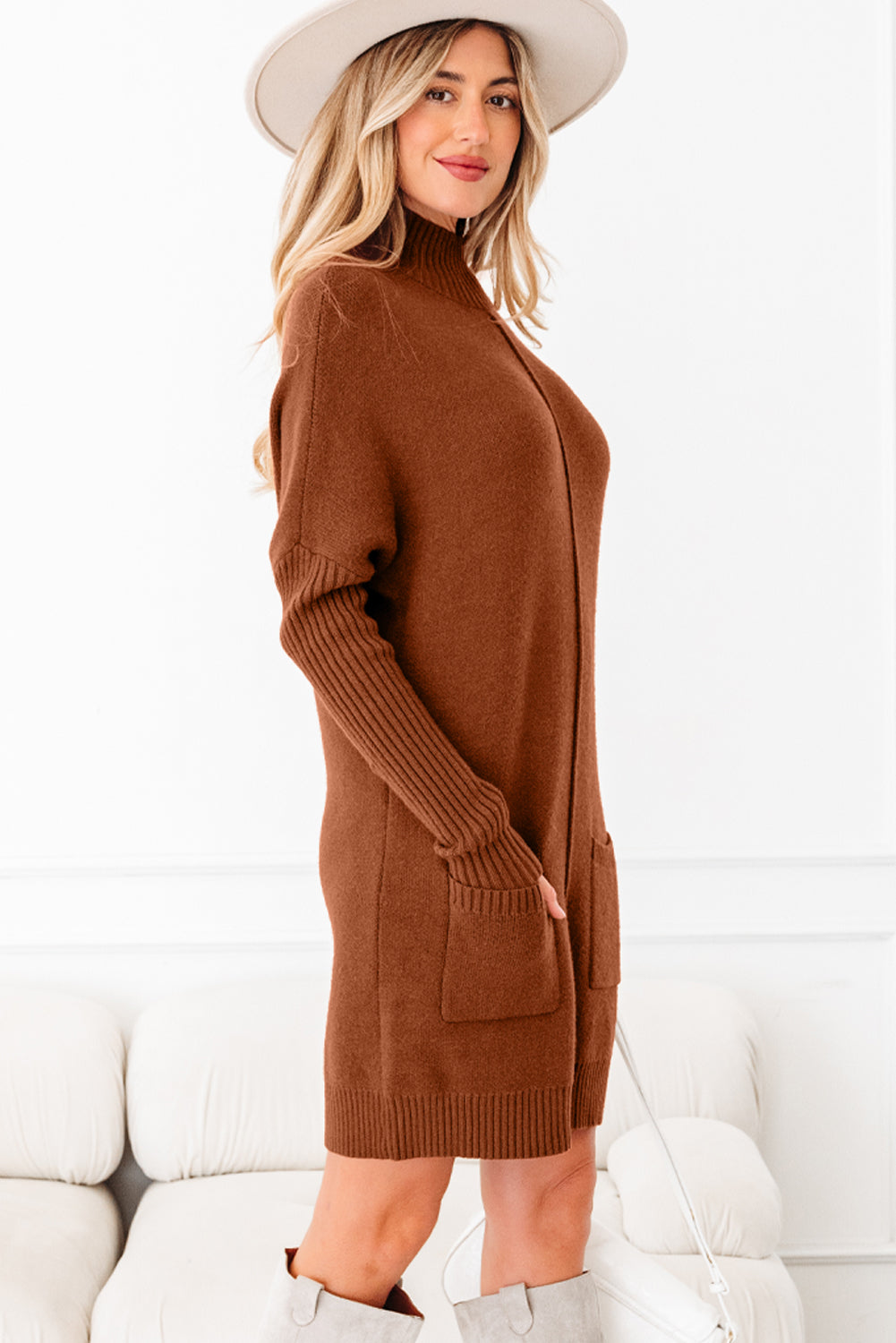 Chestnut Ribbed High Neck Front Pockets Center Seam Shift Sweater Dress-Sweaters & Cardigans/Sweater Dresses-[Adult]-[Female]-2022 Online Blue Zone Planet