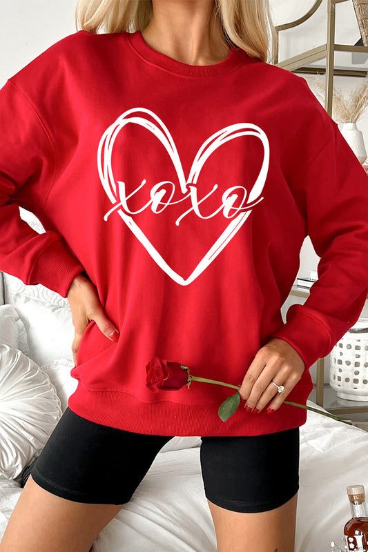 Red xoxo Valentines Heart Sketch Printed Pullover Sweatshirt-Graphic Sweatshirts-[Adult]-[Female]-Red-2XL-2022 Online Blue Zone Planet