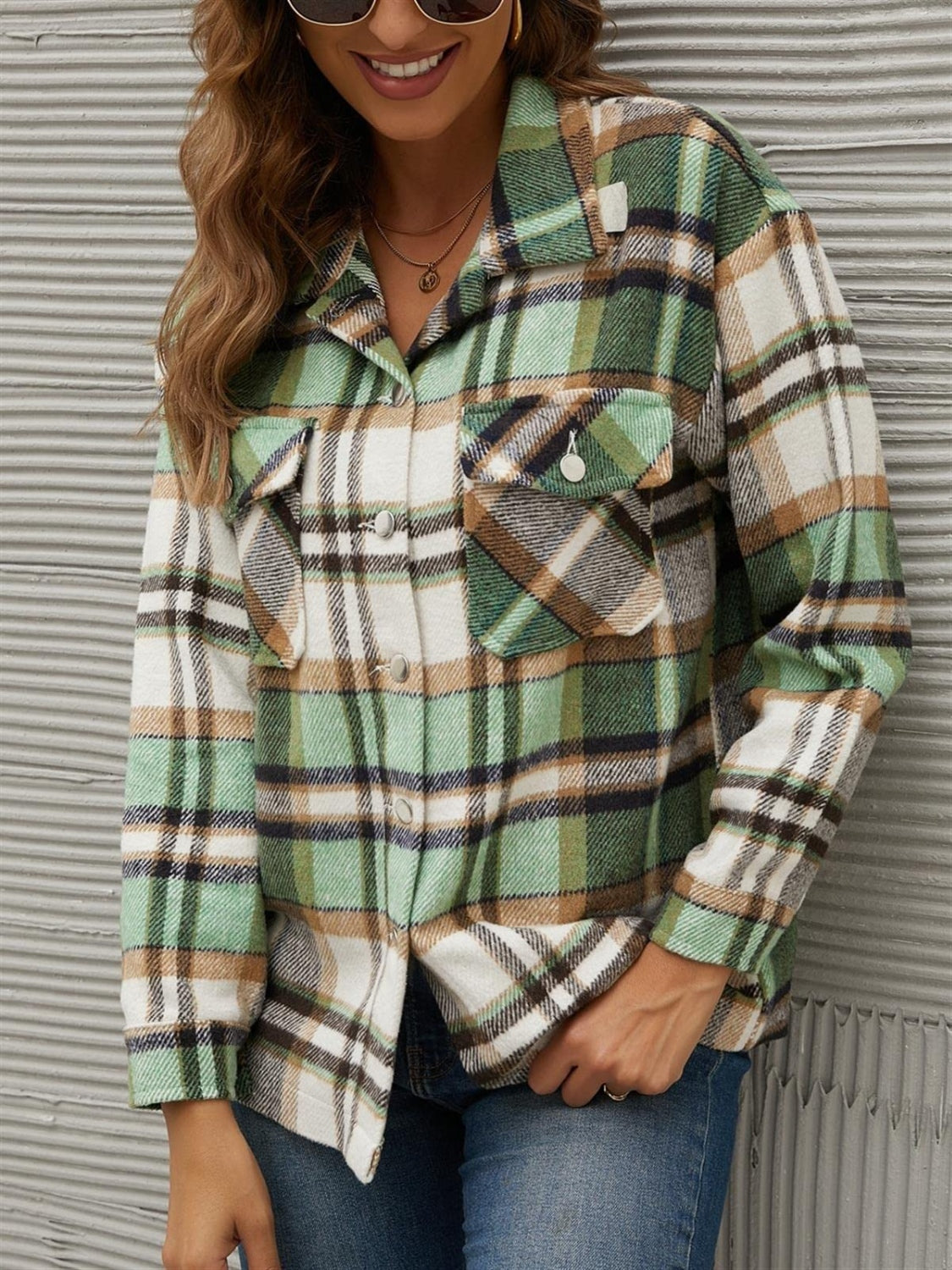 Plaid Collared Neck Long Sleeve Jacket-TOPS / DRESSES-[Adult]-[Female]-2022 Online Blue Zone Planet