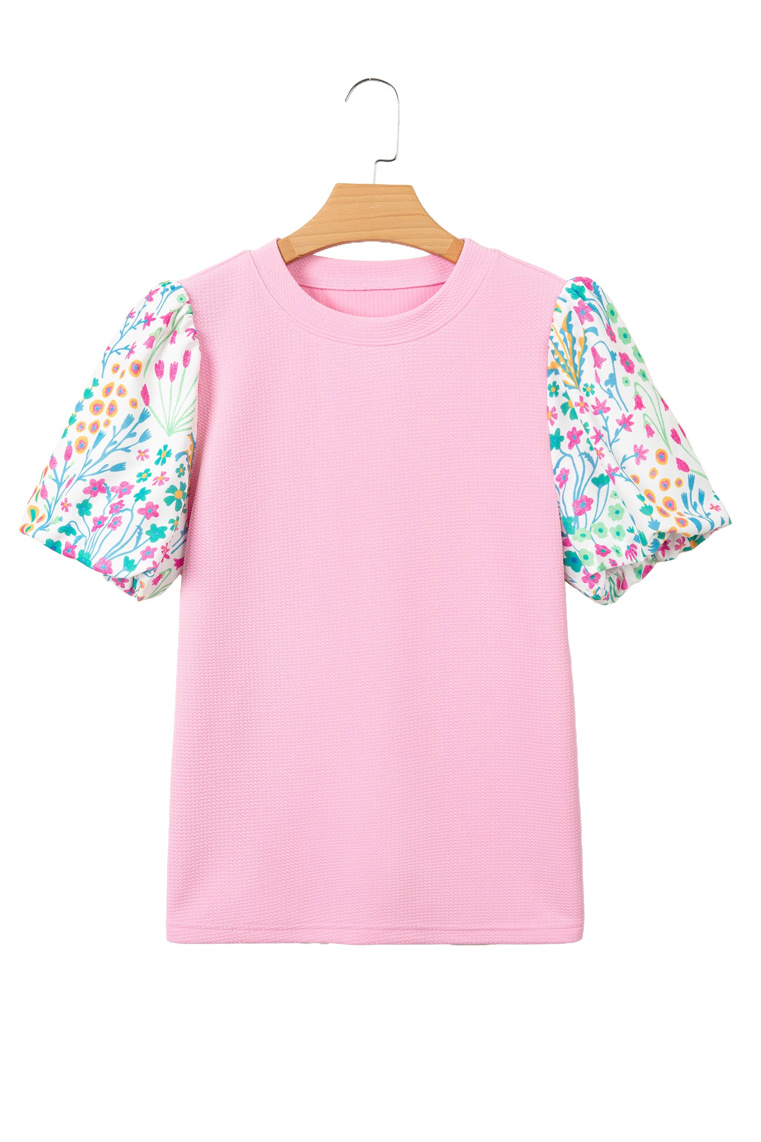 Pink Round Neck Textured Contrast Floral Bubble Sleeve Blouse-Tops/Blouses & Shirts-[Adult]-[Female]-2022 Online Blue Zone Planet