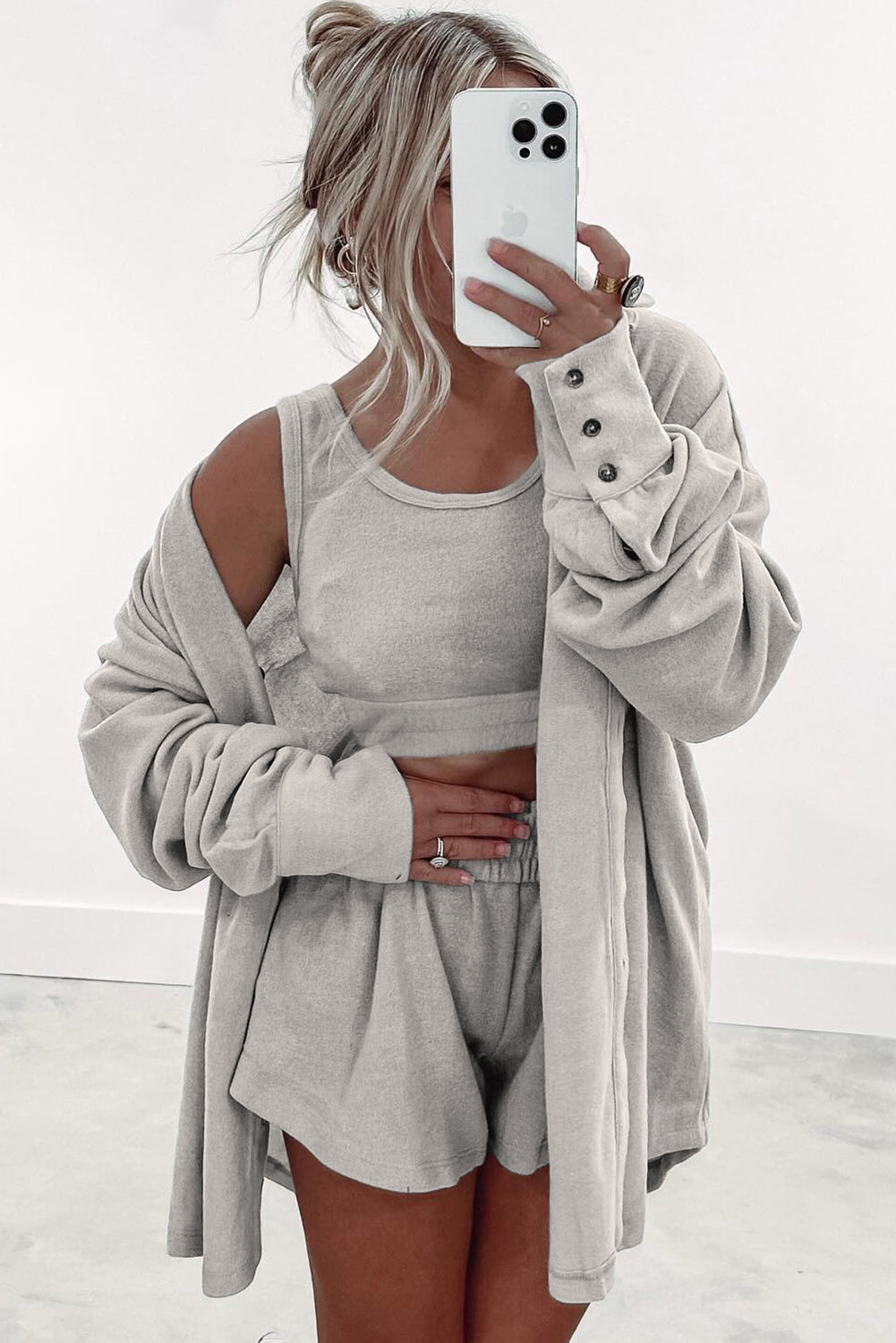 Gray 3 Pcs Crop Tank Top Shorts with Cardigan Lounge Set-Loungewear & Sleepwear/Loungewear-[Adult]-[Female]-2022 Online Blue Zone Planet