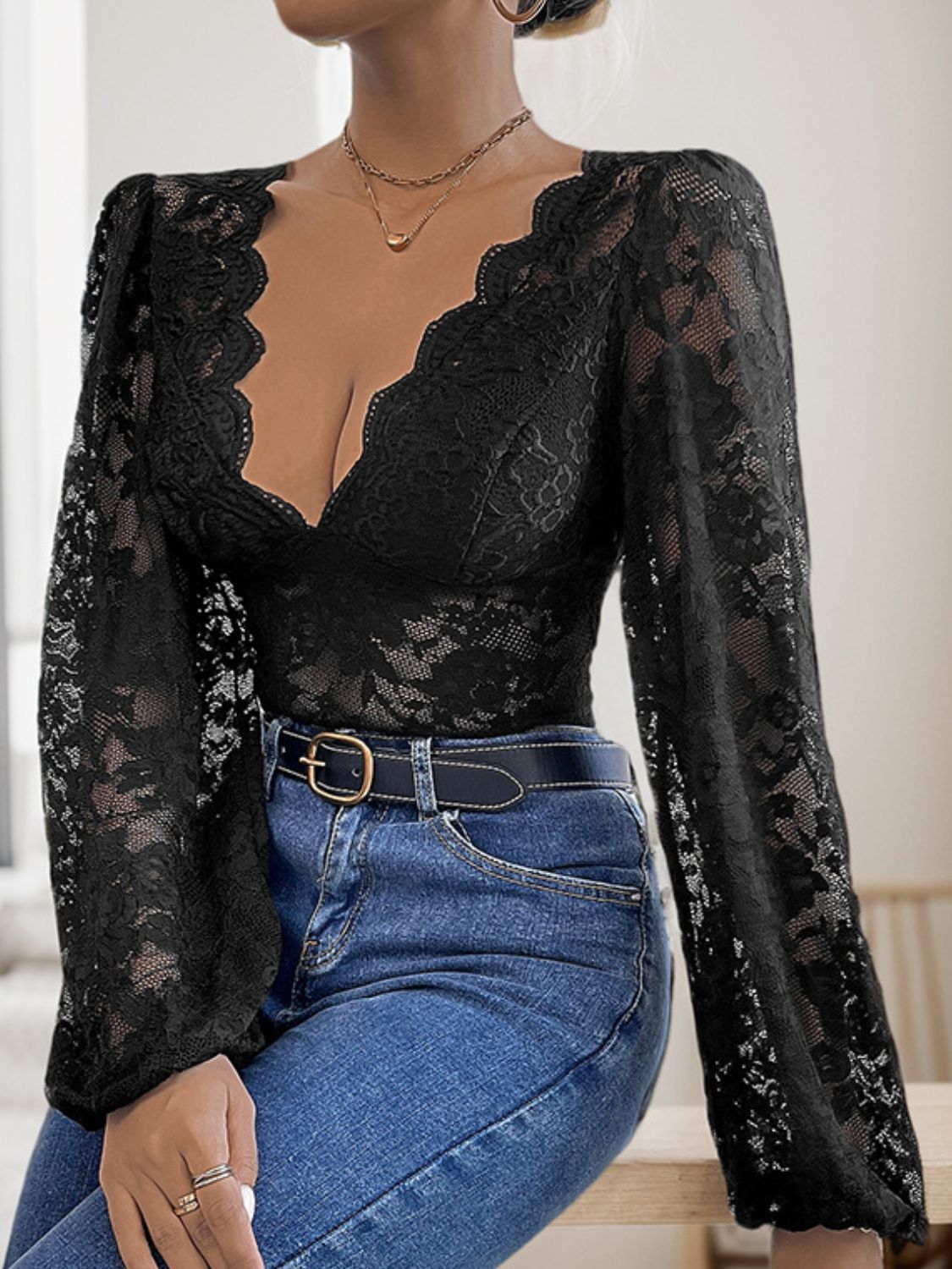 Perfee Lace Plunge Long Sleeve Bodysuit-TOPS / DRESSES-[Adult]-[Female]-Black-S-2022 Online Blue Zone Planet