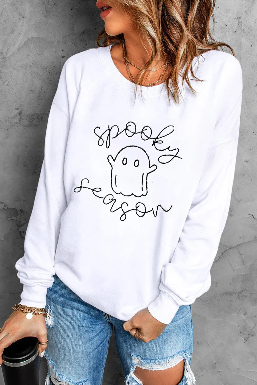 Ghost Graphic Long Sleeve Dropped Shoulder Sweatshirt-TOPS / DRESSES-[Adult]-[Female]-2022 Online Blue Zone Planet