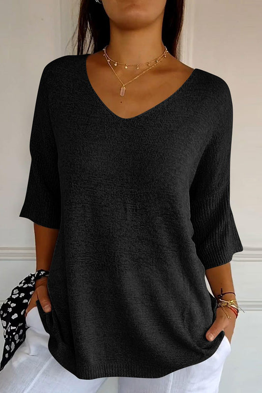 V-Neck Three-Quarter Sleeve Knit Top-TOPS / DRESSES-[Adult]-[Female]-Black-One Size-2022 Online Blue Zone Planet