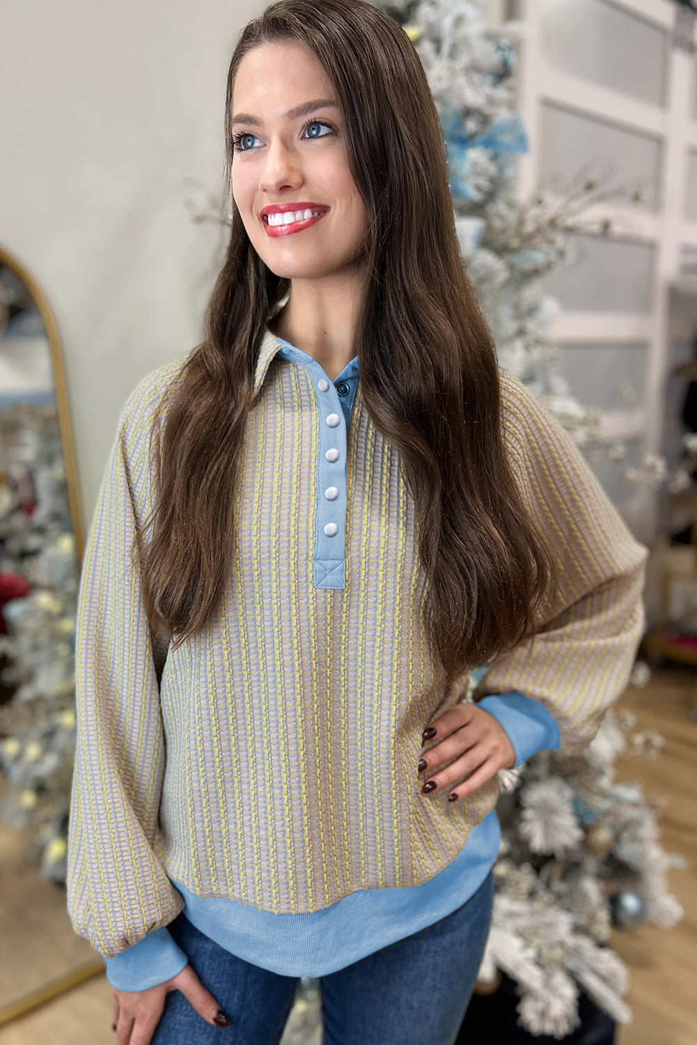 Beau Blue Button Front Jacquard Henley Sweatshirt-Tops/Sweatshirts & Hoodies-[Adult]-[Female]-2022 Online Blue Zone Planet