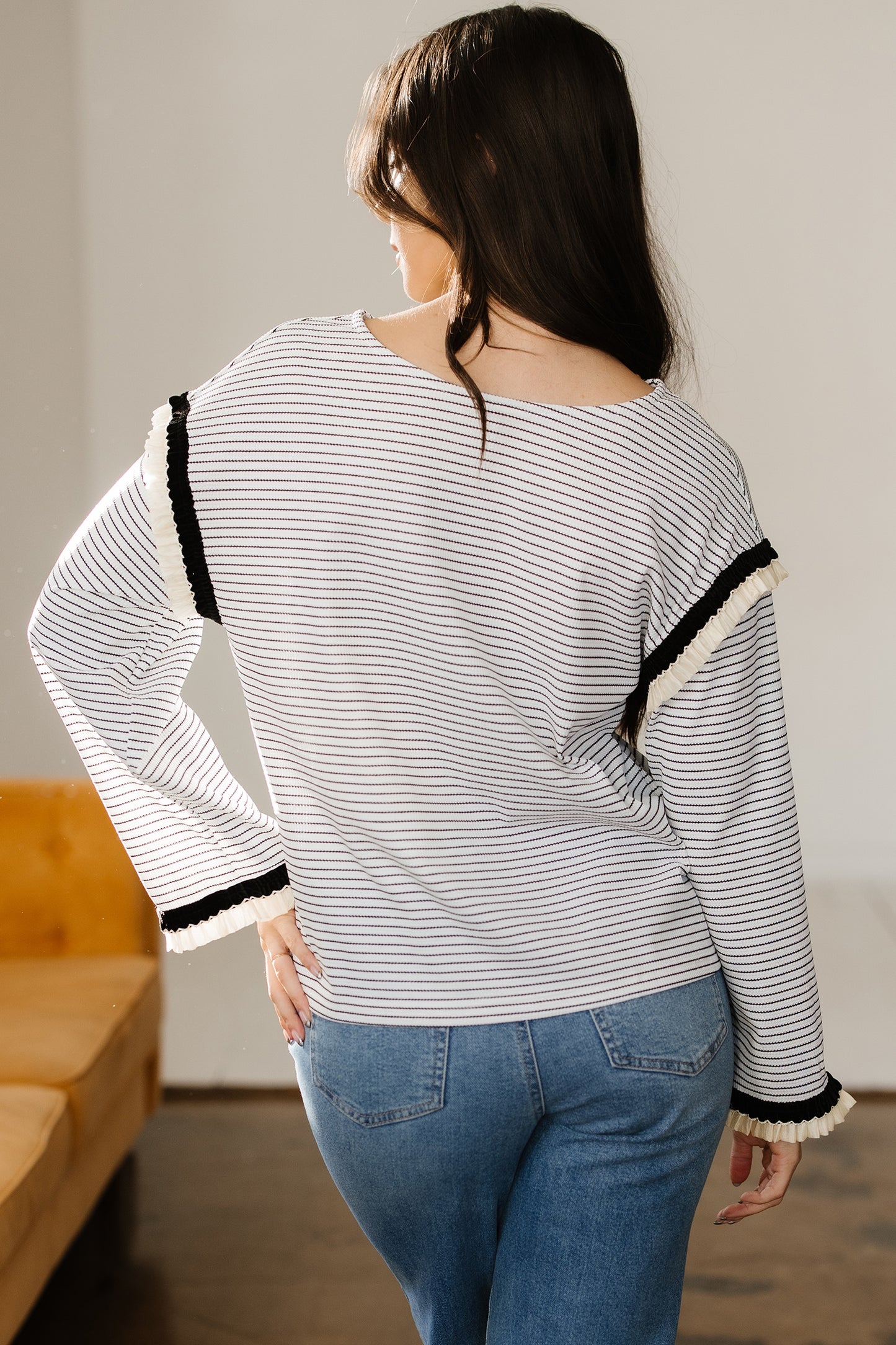 White Stripe Contrasted Ruffle Trim Loose Long Sleeve Top-Tops/Long Sleeve Tops-[Adult]-[Female]-2022 Online Blue Zone Planet