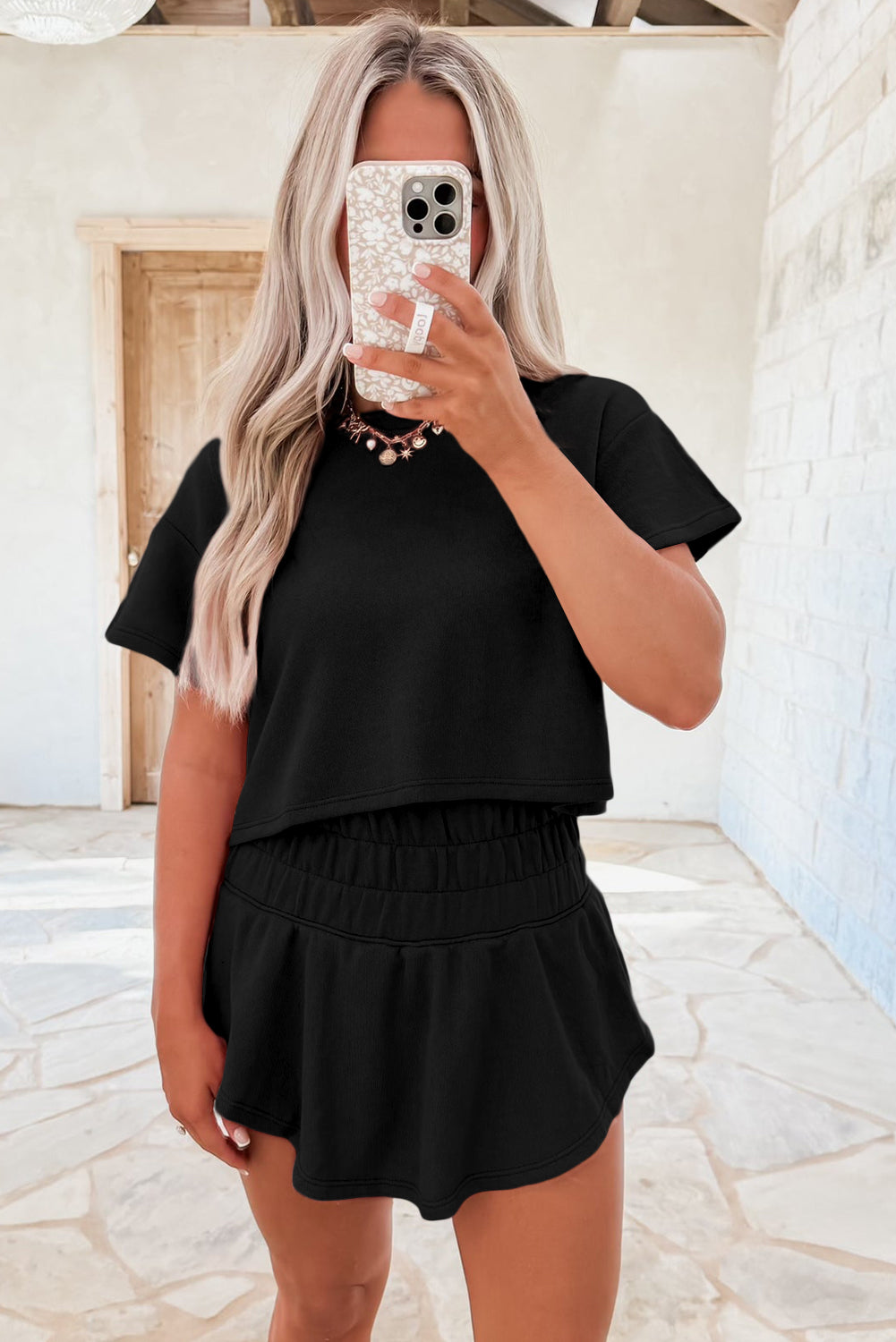 Black 2pcs Cropped Tee and Ruffle High Waist Skort Set-Two Piece Sets/Short Sets-[Adult]-[Female]-2022 Online Blue Zone Planet