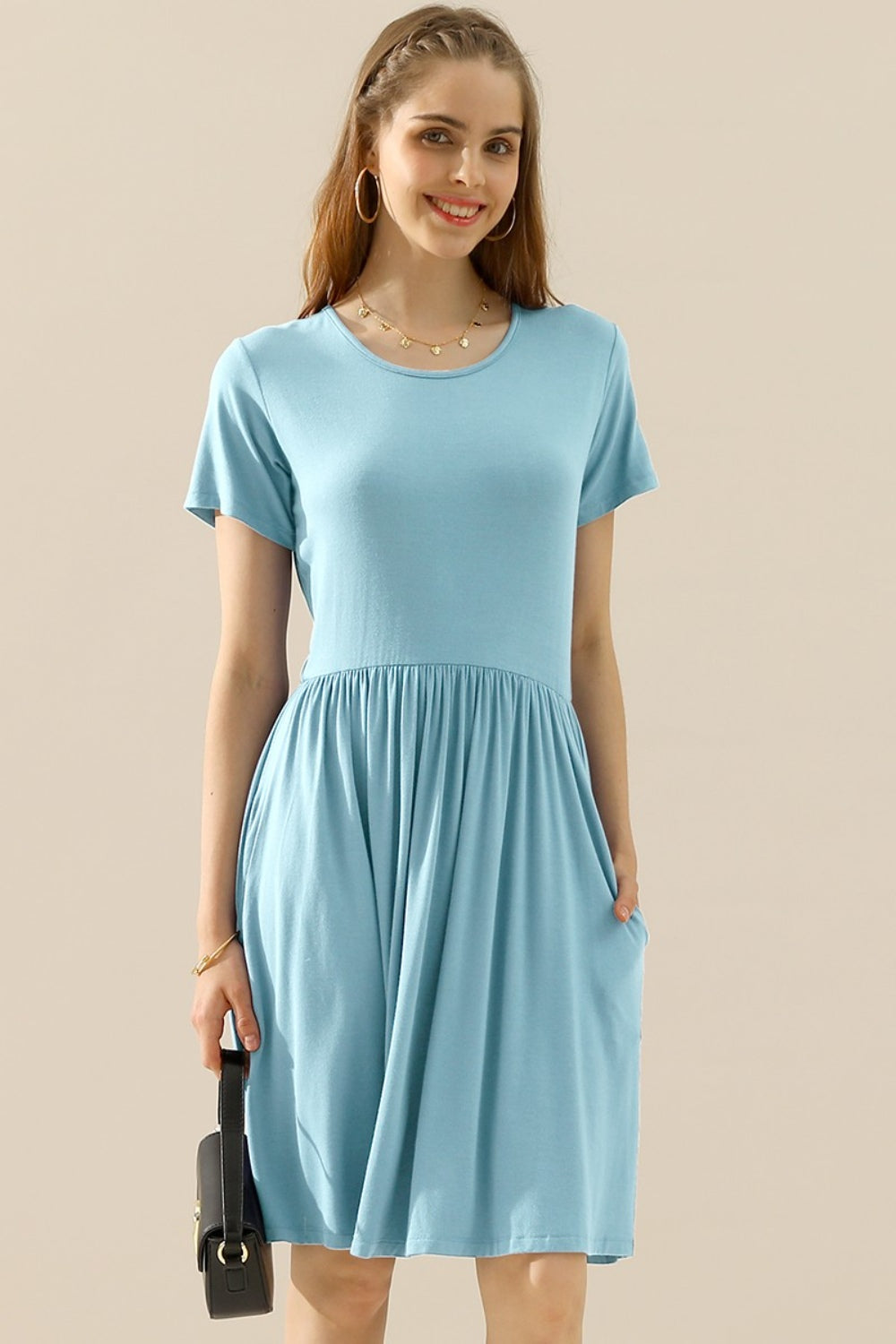Ninexis Full Size Round Neck Ruched Dress with Pockets-TOPS / DRESSES-[Adult]-[Female]-LT BLUE-S-2022 Online Blue Zone Planet
