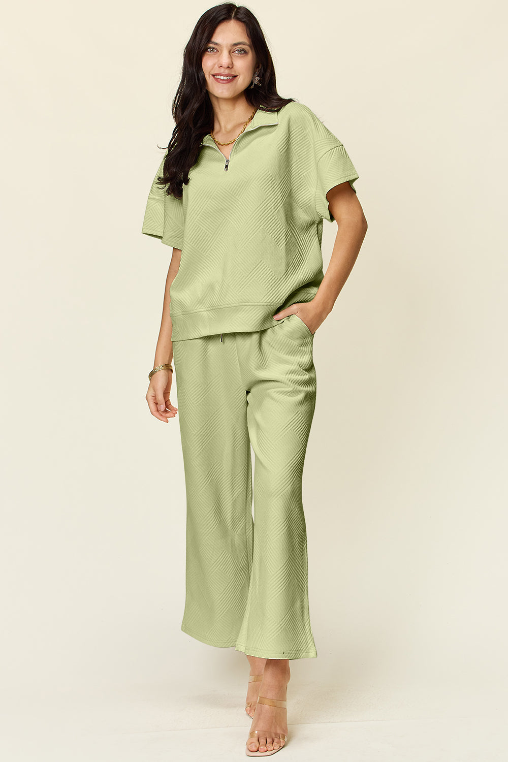 Double Take Full Size Texture Half Zip Short Sleeve Top and Pants Set-TOPS / DRESSES-[Adult]-[Female]-Mist Green-S-2022 Online Blue Zone Planet