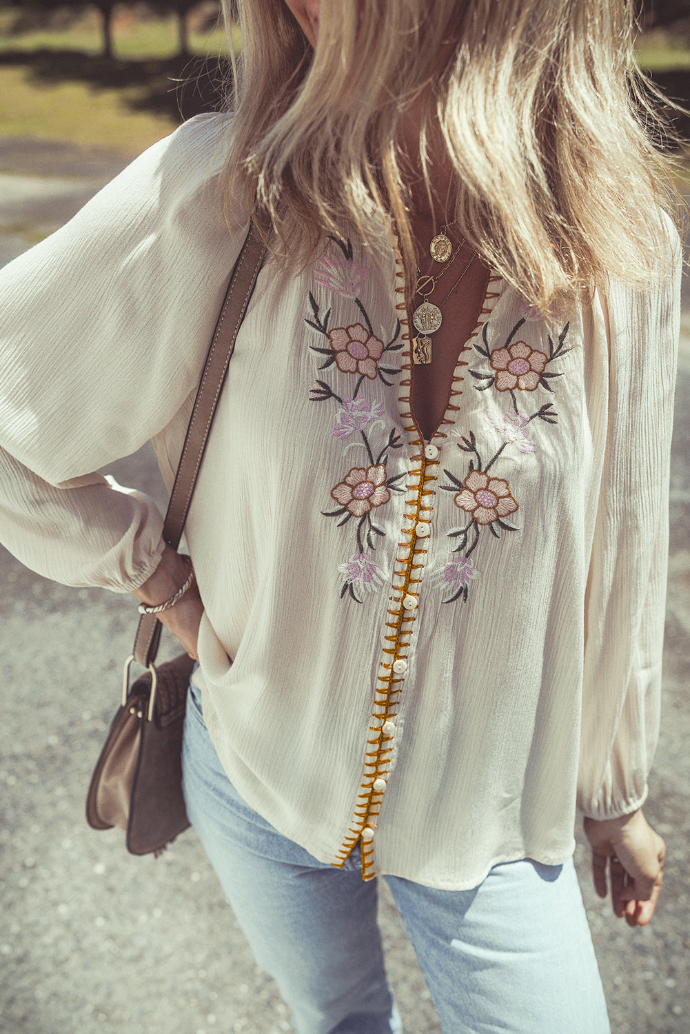 Blue Zone Planet | Beige Floral Embroidered Textured Puff Sleeve Loose Shirt-Tops/Blouses & Shirts-[Adult]-[Female]-2022 Online Blue Zone Planet