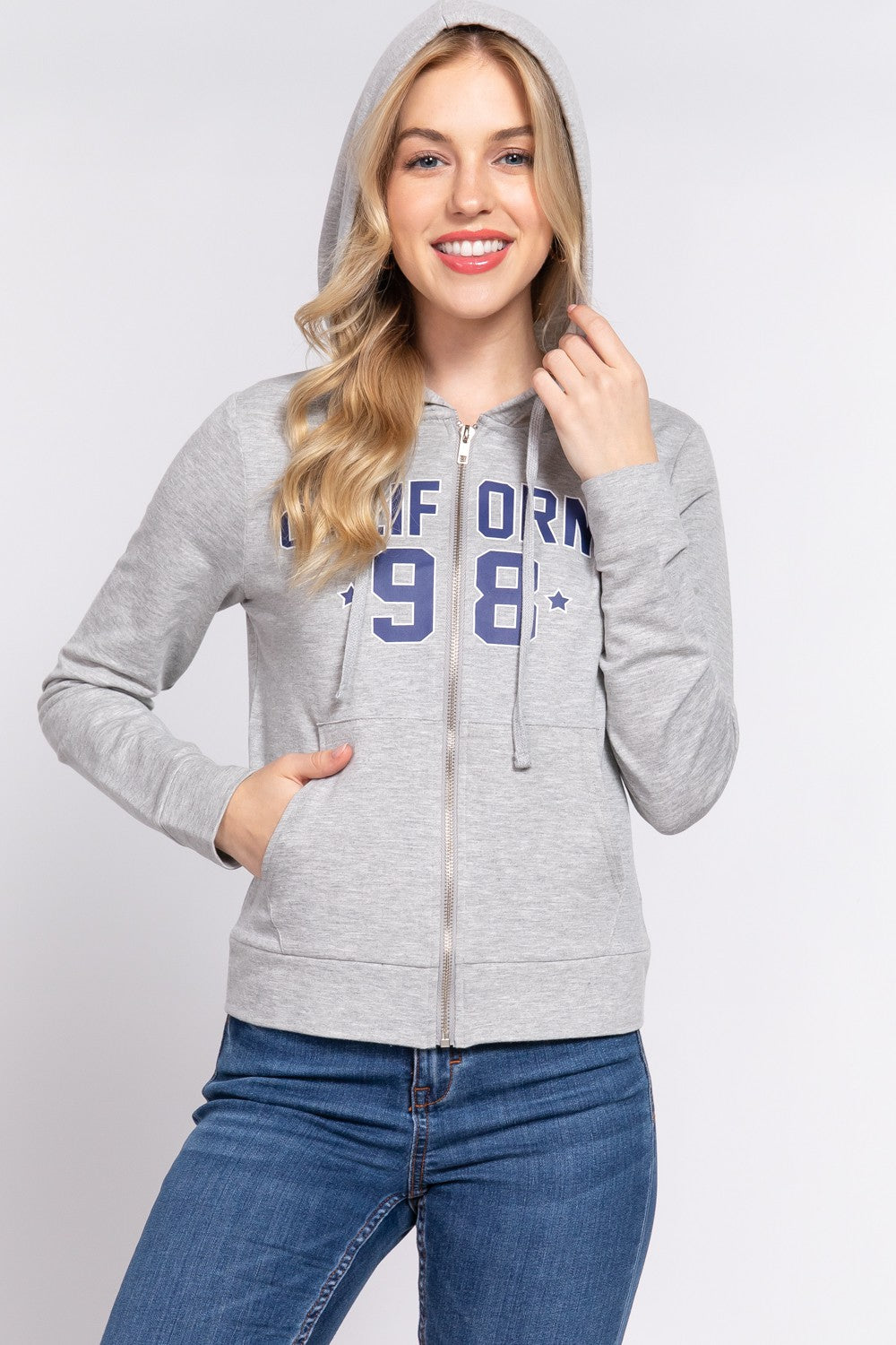 ACTIVE BASIC CALIFORNIA Zip Up Drawstring Long Sleeve Hoodie-TOPS / DRESSES-[Adult]-[Female]-H Grey/Navy-S-2022 Online Blue Zone Planet