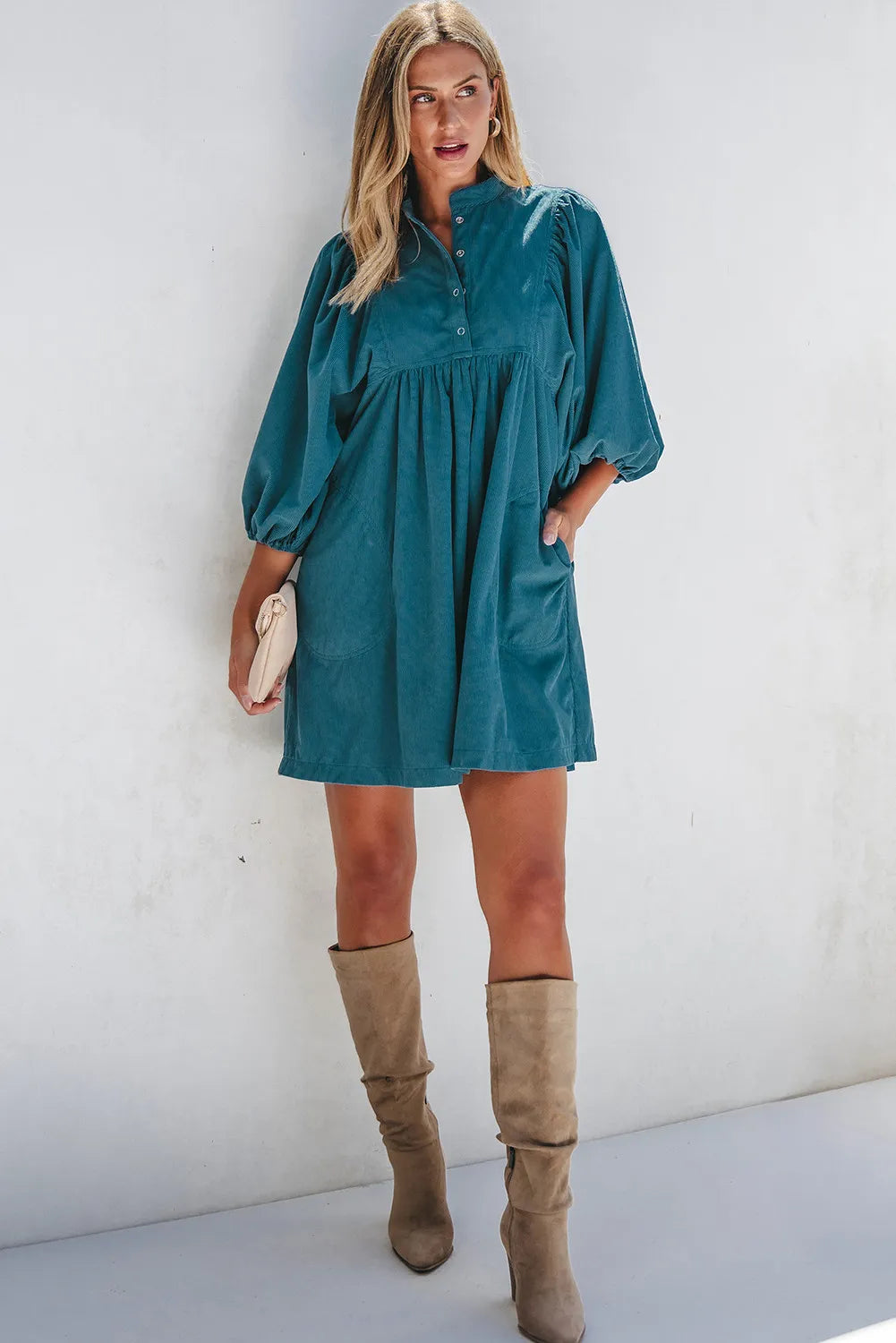 Quarter Snap Three-Quarter Sleeve Dress with Pockets-TOPS / DRESSES-[Adult]-[Female]-2022 Online Blue Zone Planet