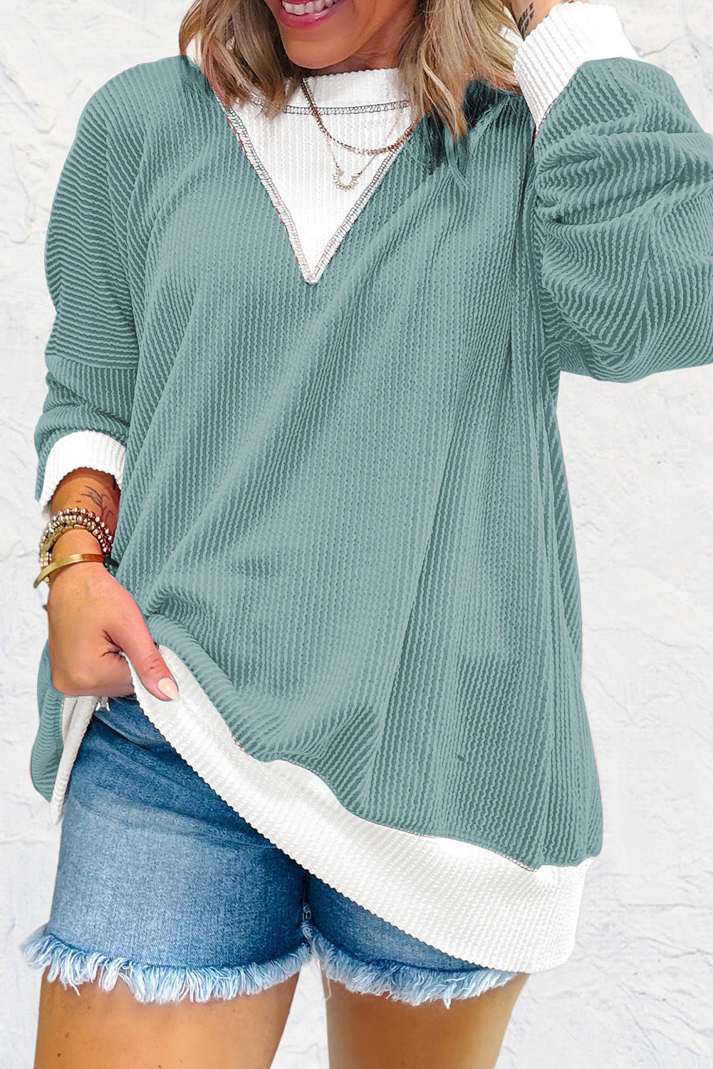 Peach Blossom Corded Colorblock Drop Shoulder Loose Top-Long Sleeve Tops-[Adult]-[Female]-2022 Online Blue Zone Planet