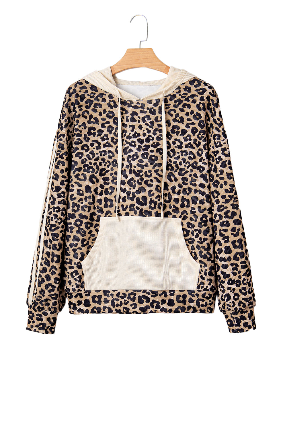 Leopard Print Waffle Contrast Kangaroo Pocket Hooded Sweatshirt-Tops / Dresses-[Adult]-[Female]-2022 Online Blue Zone Planet