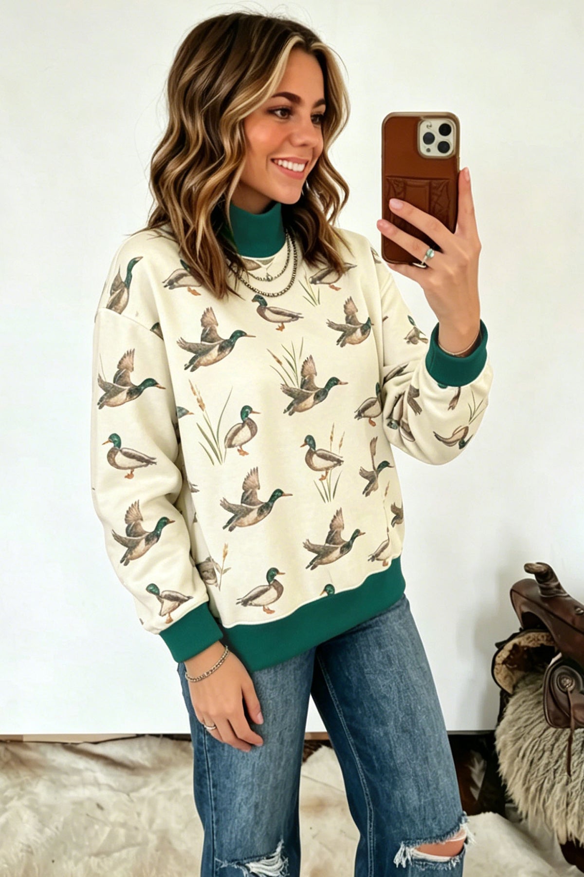 Multicolour Mallard Print Patchwork Colorblock High Neck Sweatshirt-Tops/Sweatshirts & Hoodies-[Adult]-[Female]-2022 Online Blue Zone Planet