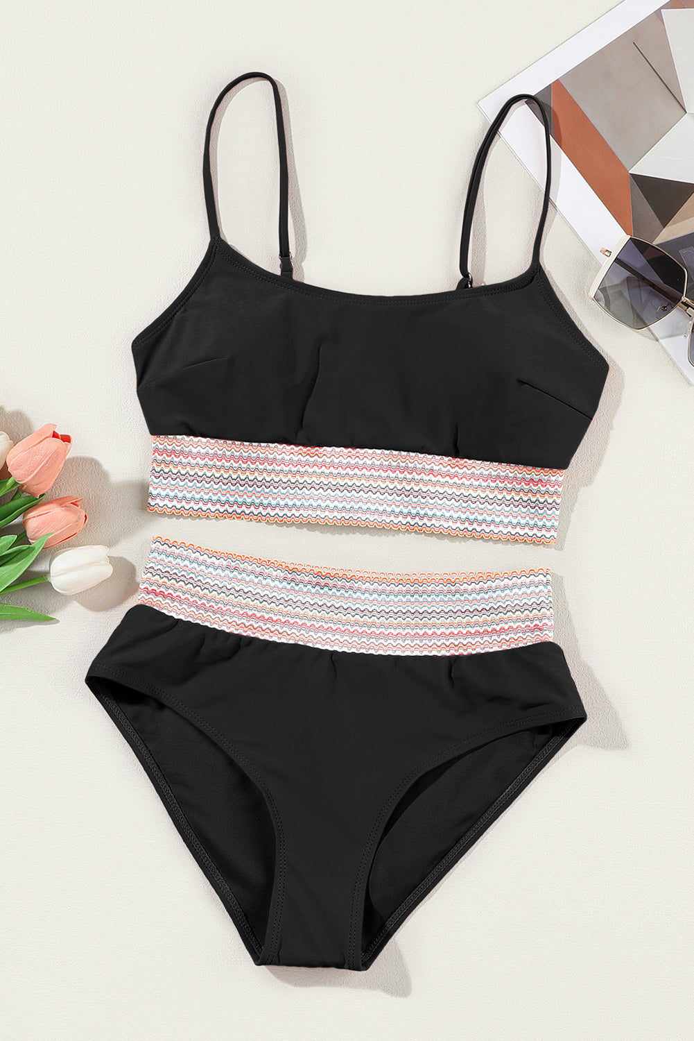 Rose Striped Patchwork Spaghetti Strap High Waist Bikini Set-Bikini Sets-[Adult]-[Female]-2022 Online Blue Zone Planet