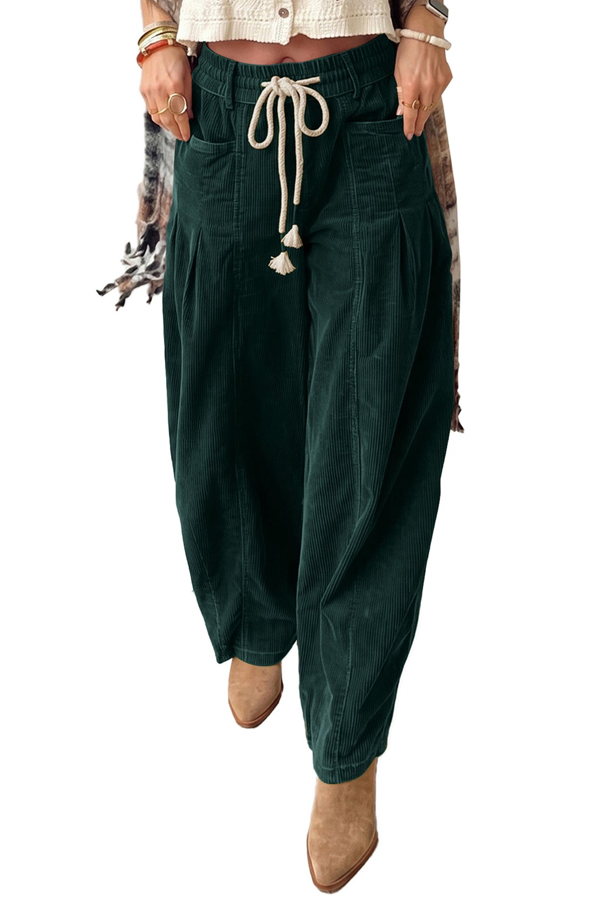 Blackish Green Elastic Waist Drawstring Corduroy Casual Pants-Bottoms/Pants & Culotte-[Adult]-[Female]-2022 Online Blue Zone Planet