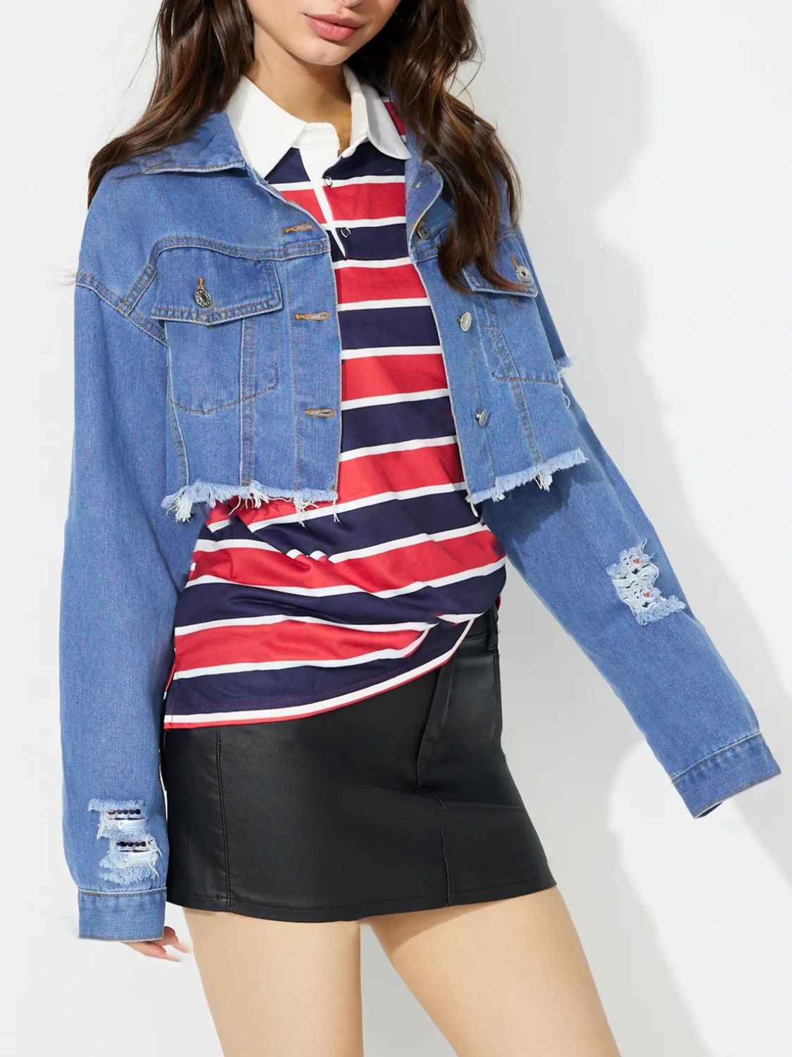 Raw Hem Collared Neck Cropped Denim Top-TOPS / DRESSES-[Adult]-[Female]-2022 Online Blue Zone Planet