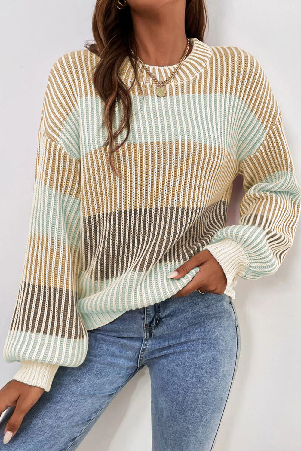 Pink Colorblock Textured Knit Bubble Sleeve Sweater-Sweaters & Cardigans/Sweaters-[Adult]-[Female]-Brown-S-2022 Online Blue Zone Planet