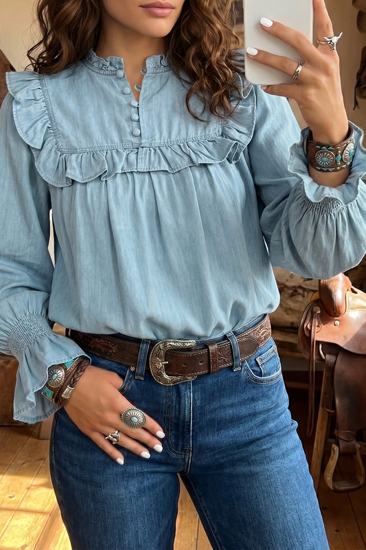 Beau Blue Western Ruffle V Neck Long Sleeve Chambray Blouse-Tops/Blouses & Shirts-[Adult]-[Female]-Beau Blue-S-2022 Online Blue Zone Planet