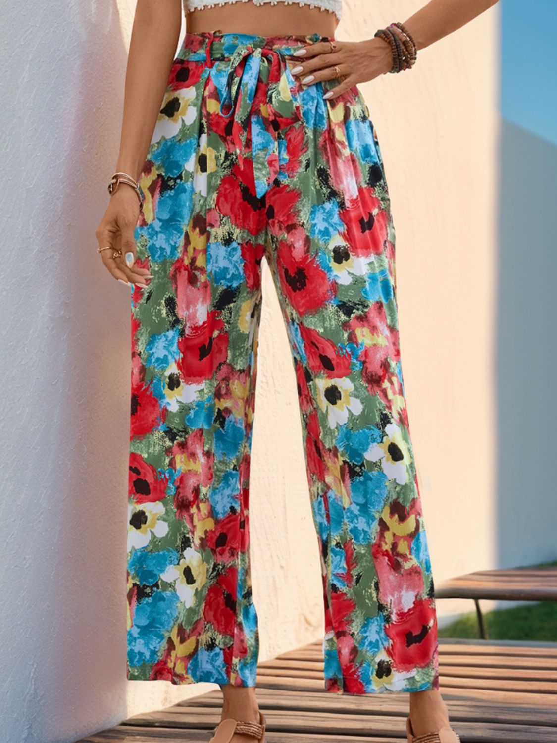 Blue Zone Planet | Perfee Tied Printed Wide Leg Pants-BOTTOMS SIZES SMALL MEDIUM LARGE-[Adult]-[Female]-Multicolor-S-2022 Online Blue Zone Planet