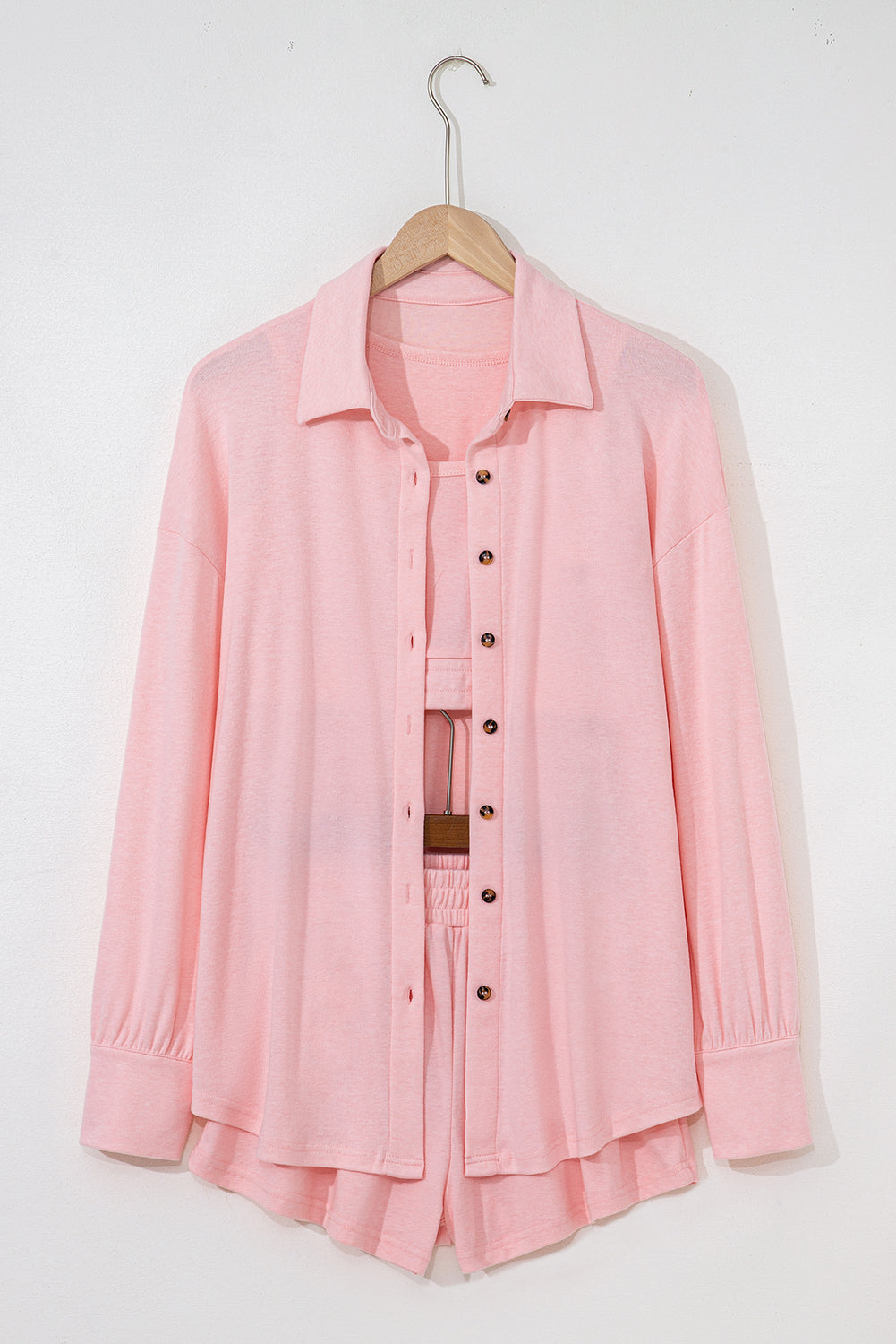 Light Pink 3 Piece Crop Tank Top Shorts with Cardigan Lounge Set-Loungewear & Sleepwear/Loungewear-[Adult]-[Female]-2022 Online Blue Zone Planet