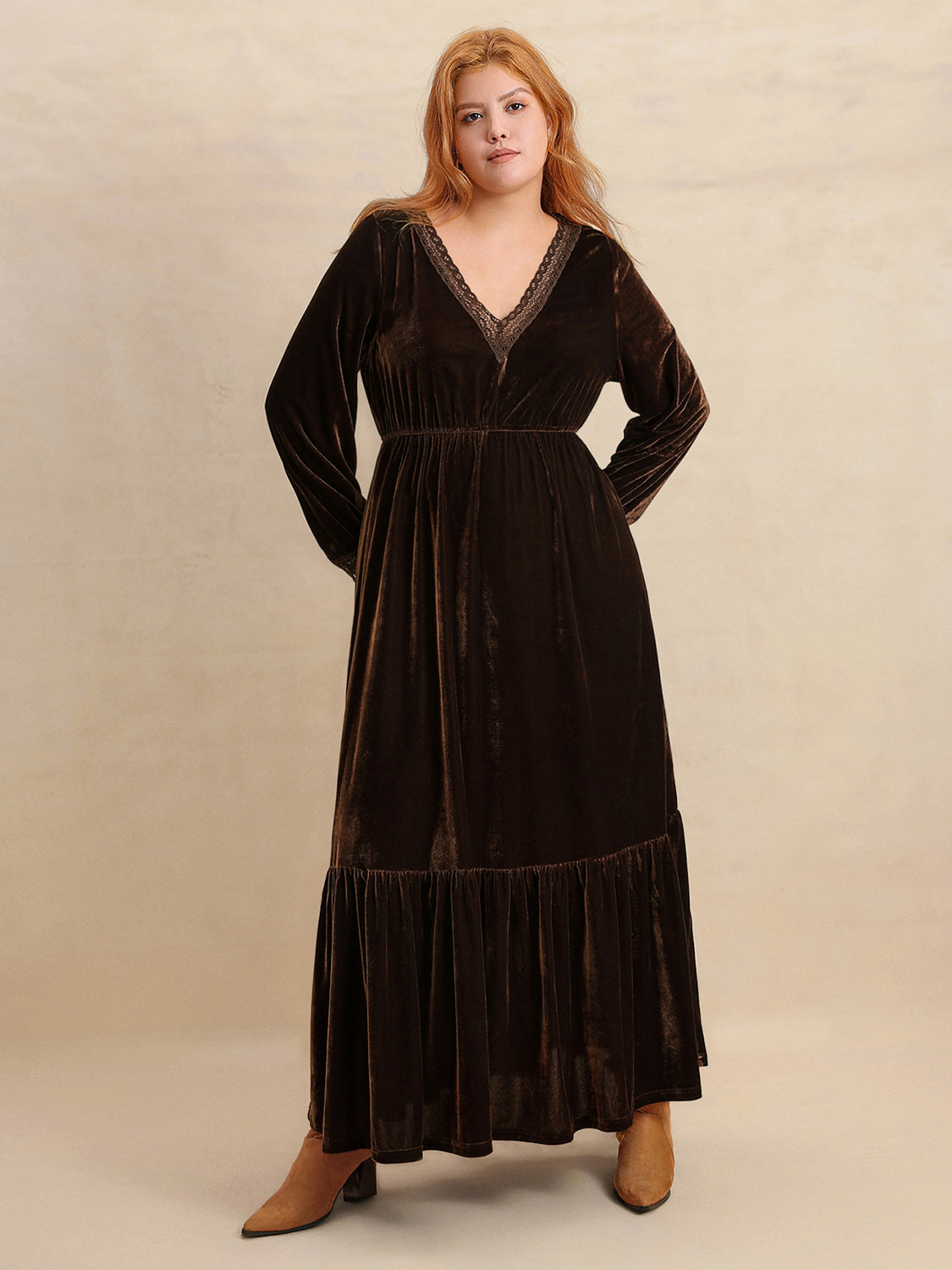 Plus Size Lace Detail V-Neck Long Sleeve Midi Dress-TOPS / DRESSES-[Adult]-[Female]-Dark Brown-0XL-2022 Online Blue Zone Planet