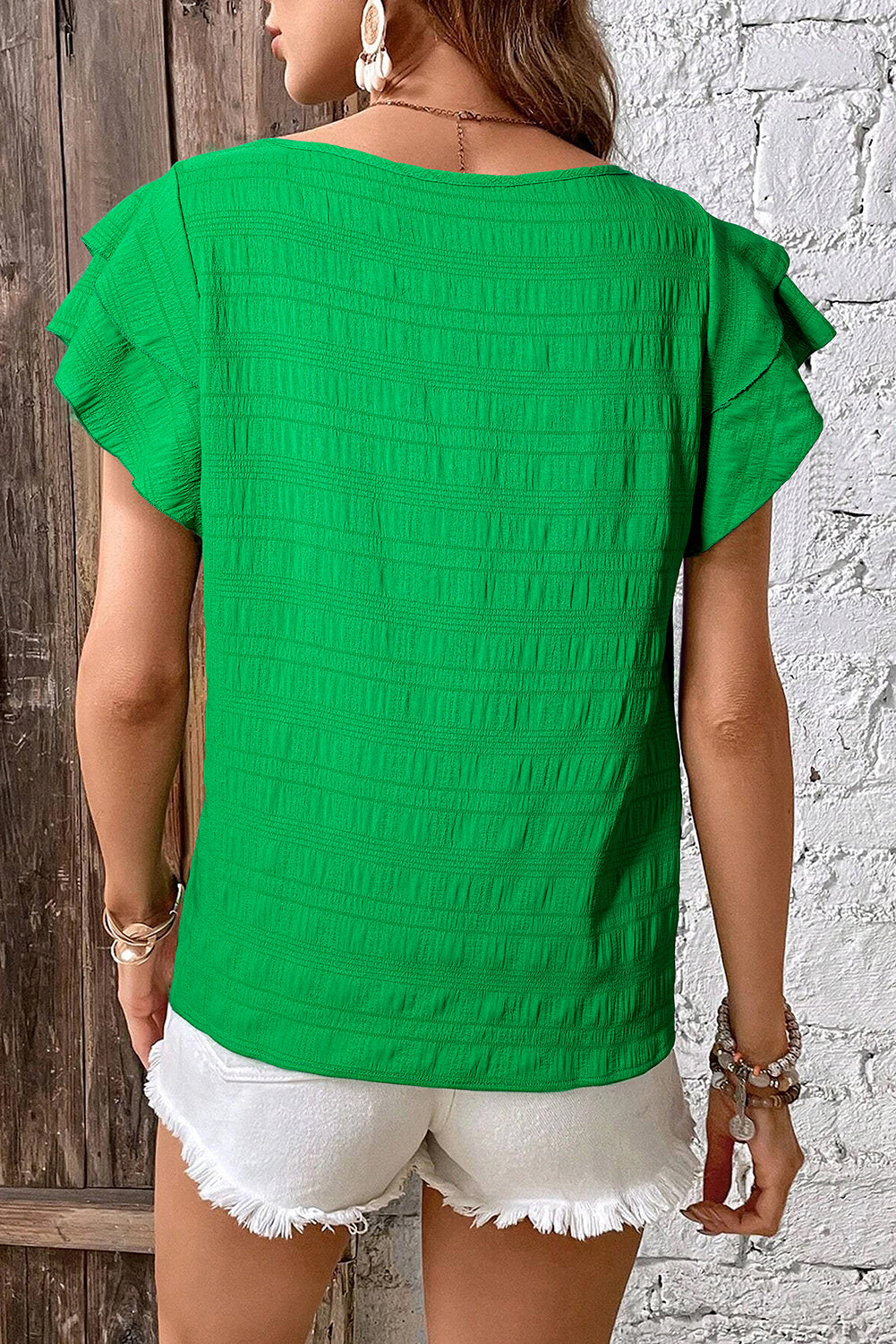 Dark Green Textured Ruffled Sleeve Round Neck Top-Tops/Blouses & Shirts-[Adult]-[Female]-2022 Online Blue Zone Planet