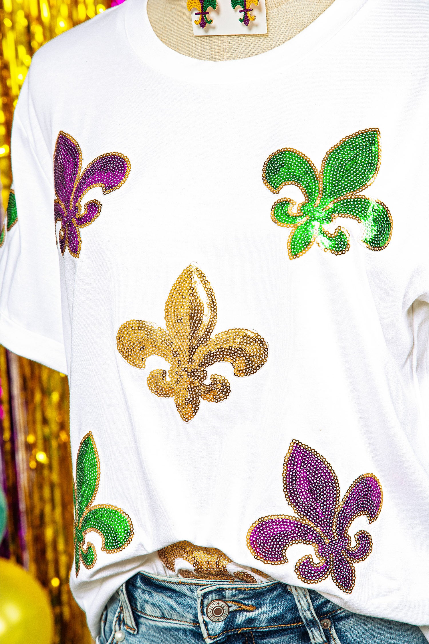White Mardi Gras Fleur De Lis Sequin Graphic T Shirt-Graphic/Graphic Tees-[Adult]-[Female]-2022 Online Blue Zone Planet
