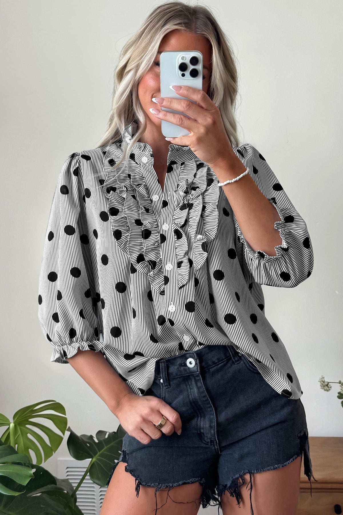 Black white Polka Dot Striped Print Ruffle Stand Neck 3/4 Sleeve Shift Shirt-Tops/Blouses & Shirts-[Adult]-[Female]-2022 Online Blue Zone Planet