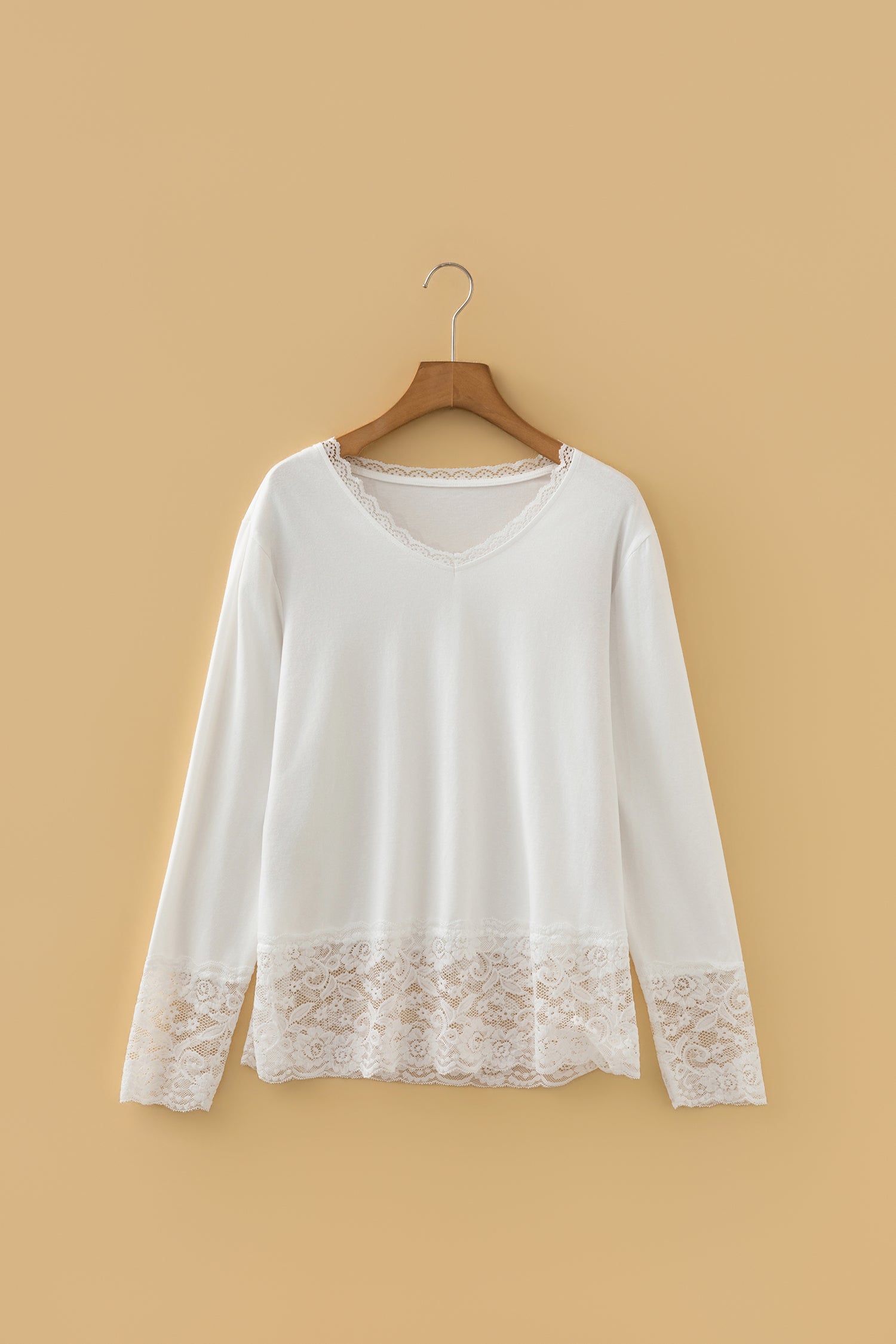 White Lace Trim V Neck Cuffed Long Sleeve Loose Top-Tops/Long Sleeve Tops-[Adult]-[Female]-2022 Online Blue Zone Planet