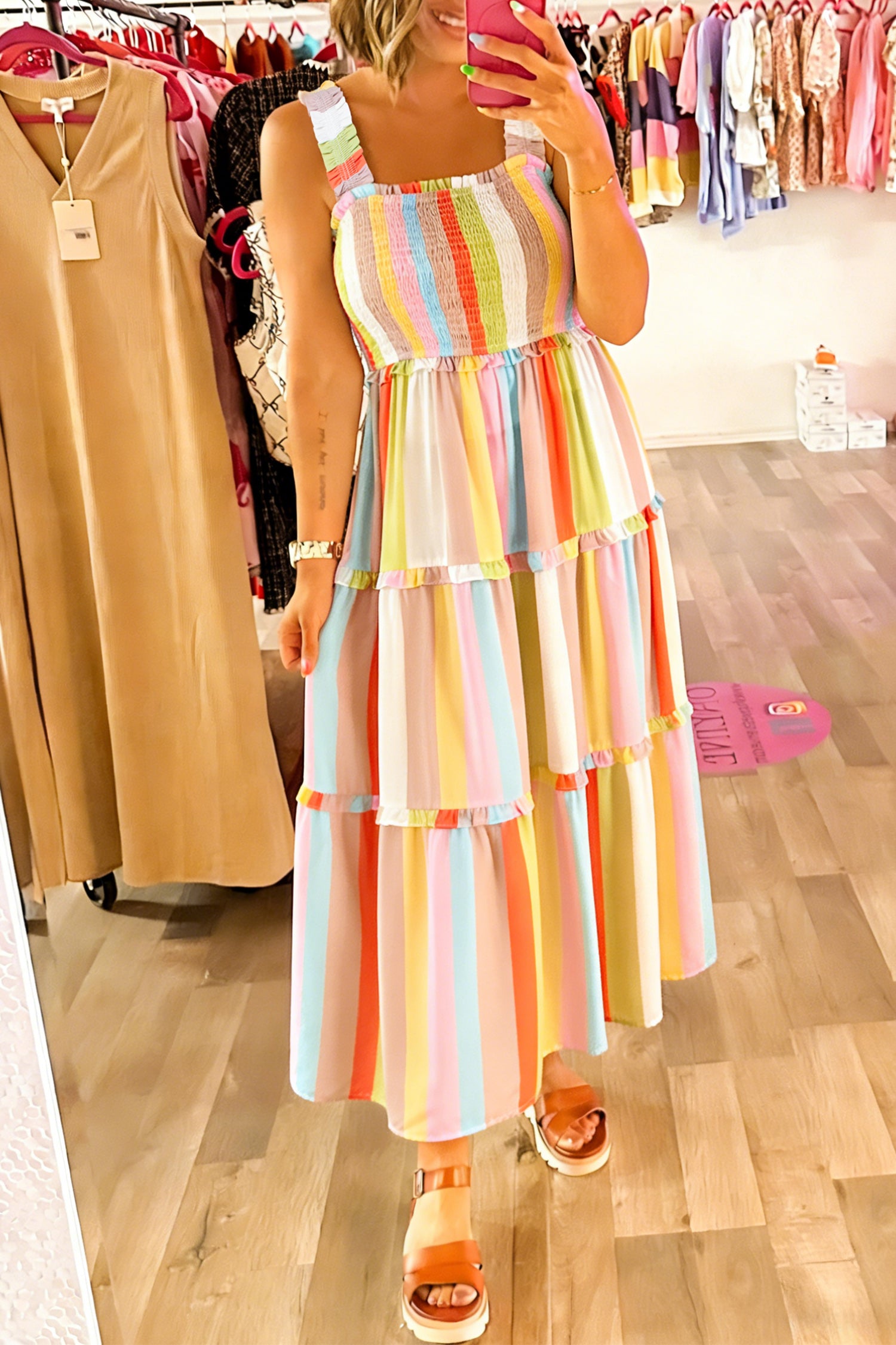 Green Striped Print Shirred Frilly Tiered Maxi Dress-Dresses/Maxi Dresses-[Adult]-[Female]-Green-S-2022 Online Blue Zone Planet