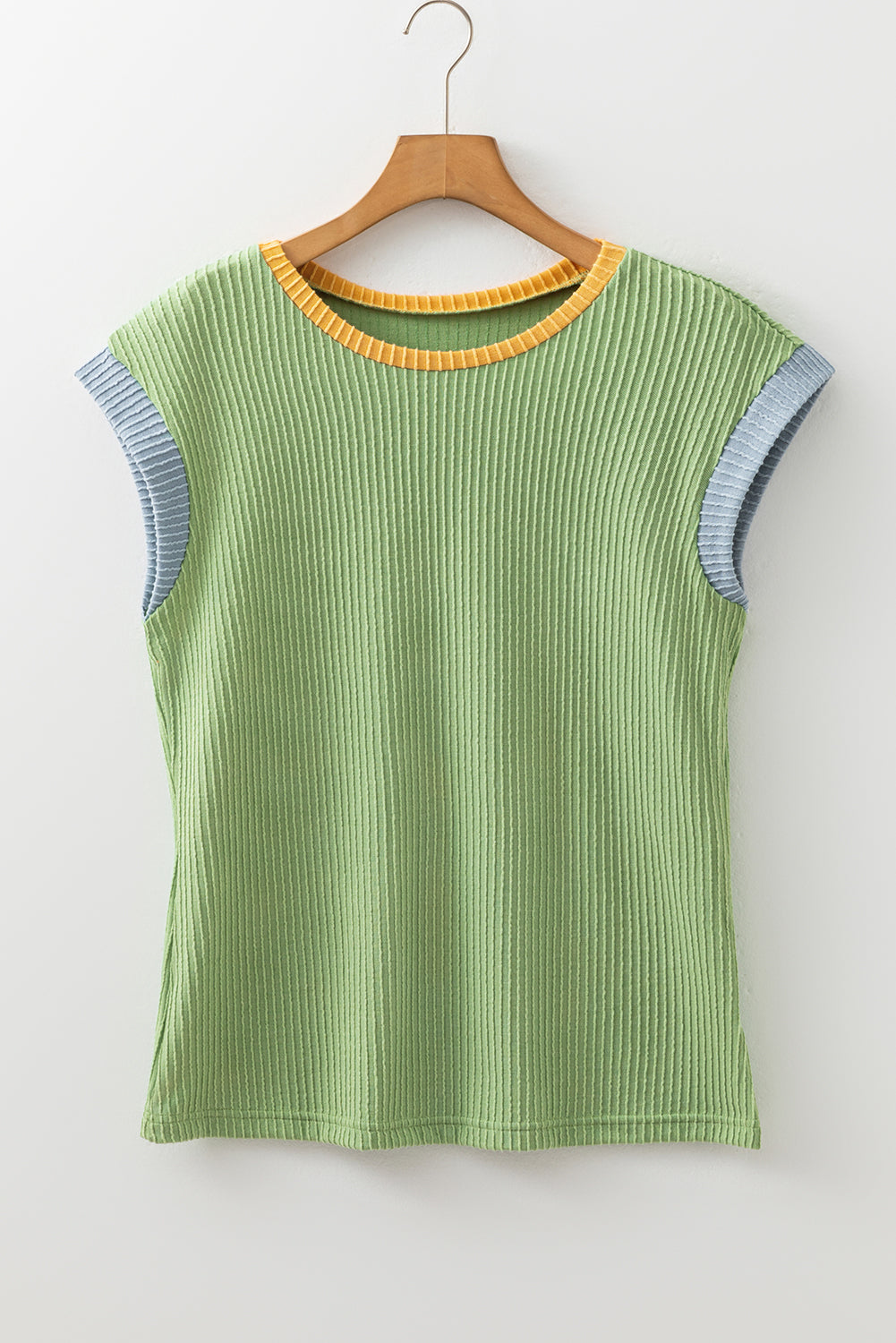 Grass Green Color Block Corded Knit Crew Neck Tee-Tops/Tops & Tees-[Adult]-[Female]-2022 Online Blue Zone Planet