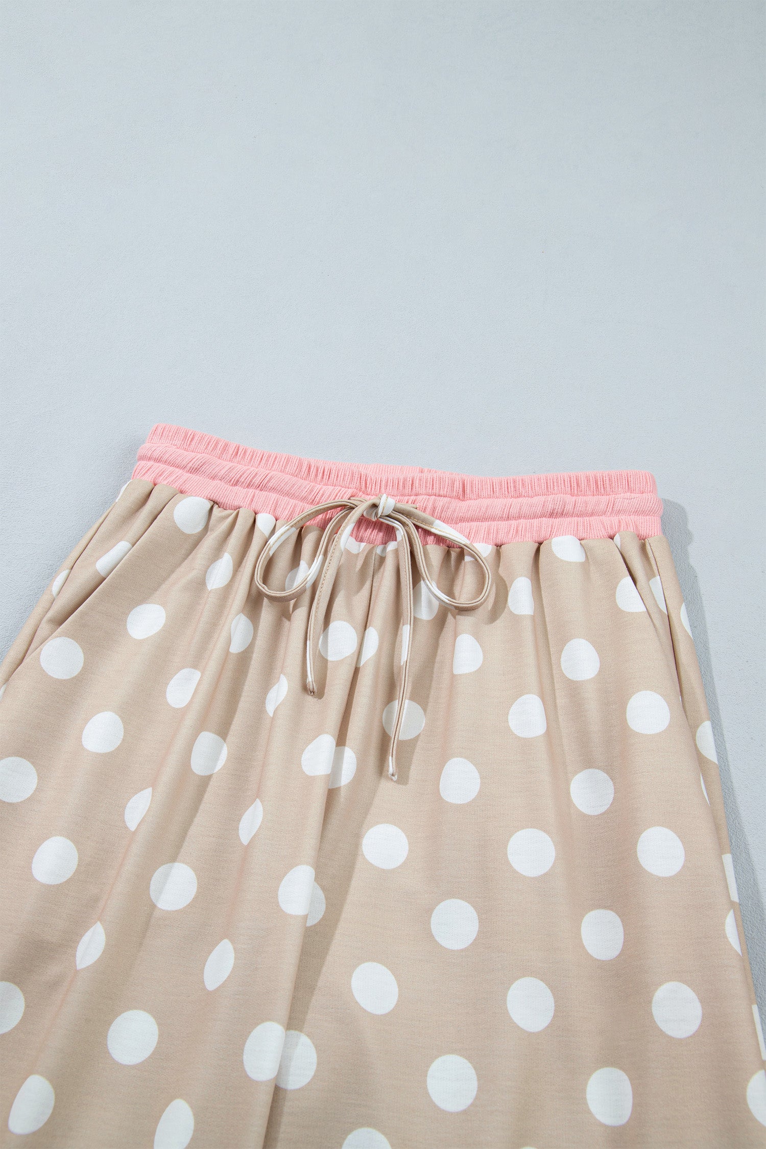 Khaki Polka Dot Contrast Trim Long Sleeve Top Drawstring Shift Pants Set-Two Piece Sets/Pant Sets-[Adult]-[Female]-2022 Online Blue Zone Planet