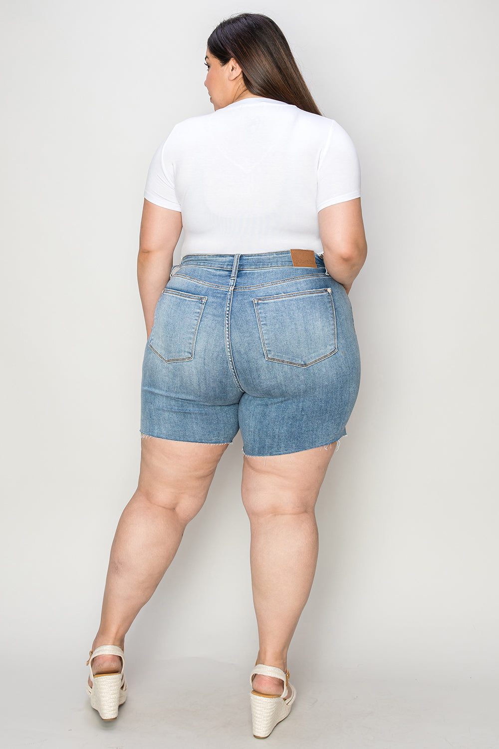 Judy Blue Full Size High Waist Raw Hem Denim Shorts-BOTTOM SIZES SMALL MEDIUM LARGE-[Adult]-[Female]-2022 Online Blue Zone Planet